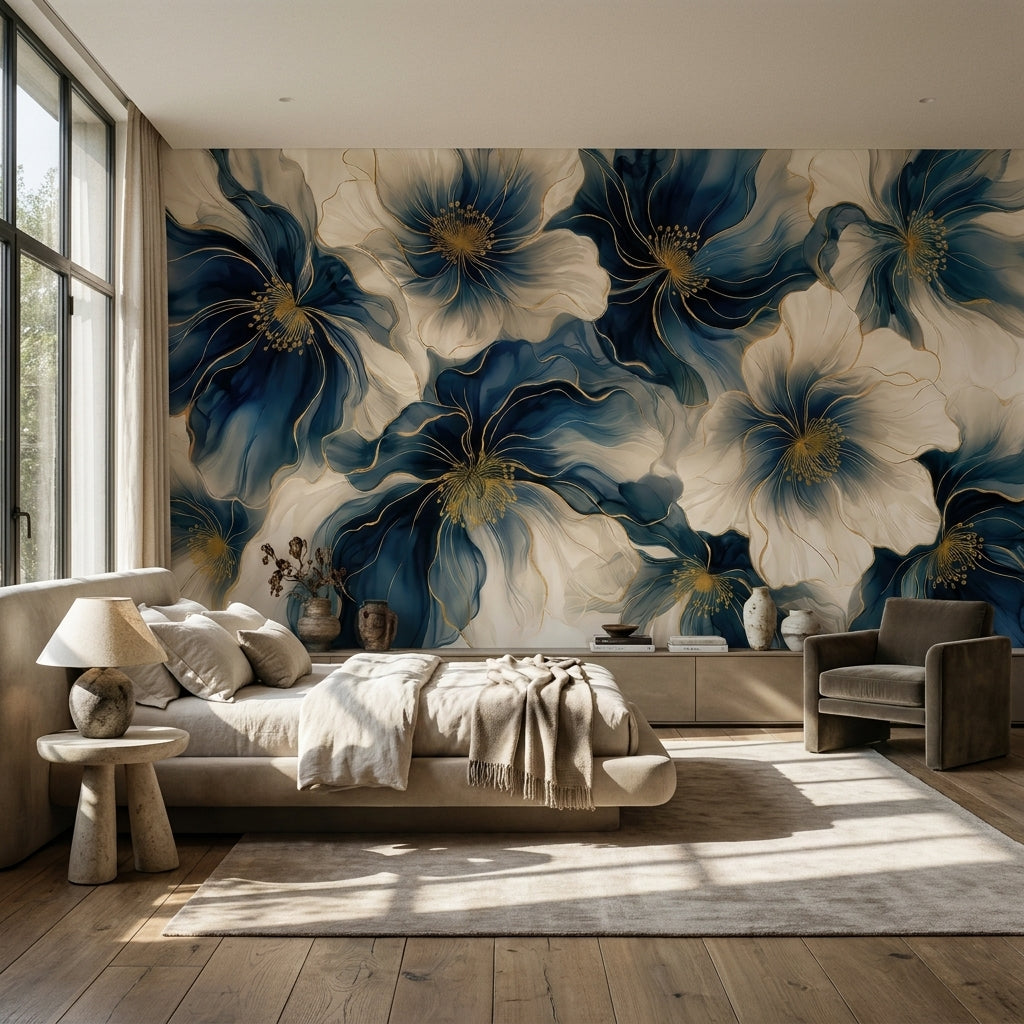 Linen and Blue Petals —  Bold Florals Luxury Wallpaper