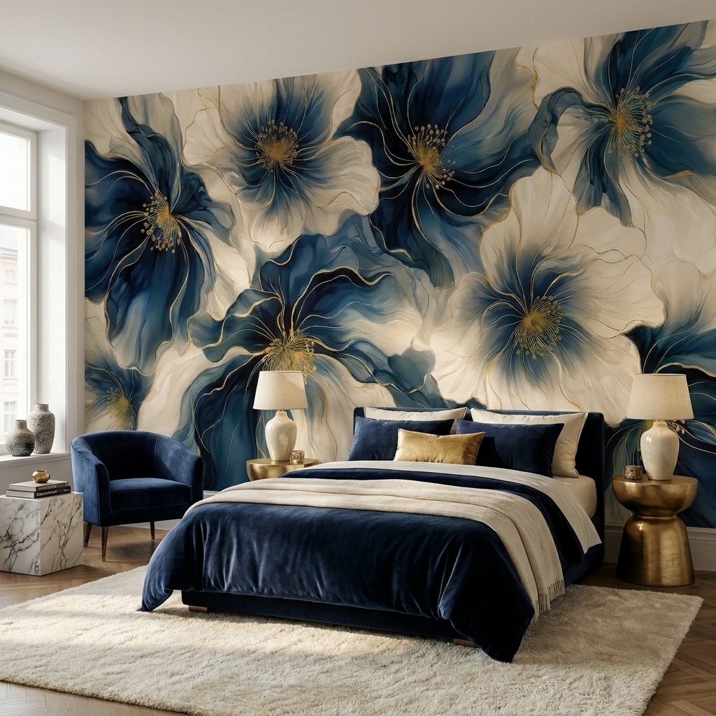 Linen and Blue Petals —  Bold Florals Luxury Wallpaper