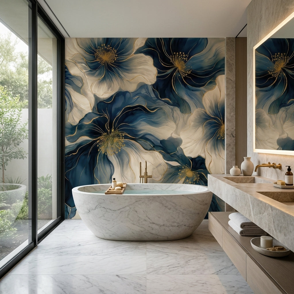 Linen and Blue Petals —  Bold Florals Luxury Wallpaper
