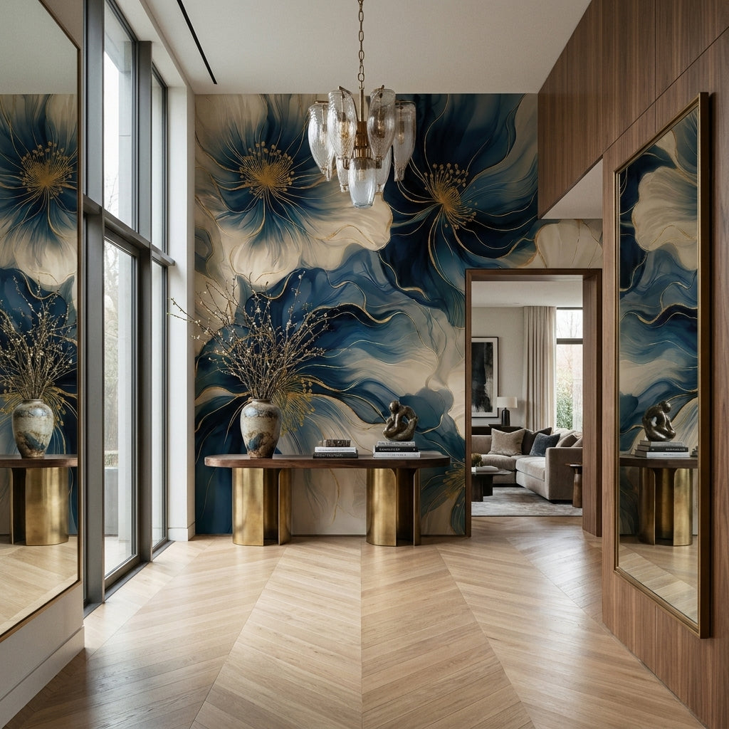 Linen and Blue Petals —  Bold Florals Luxury Wallpaper