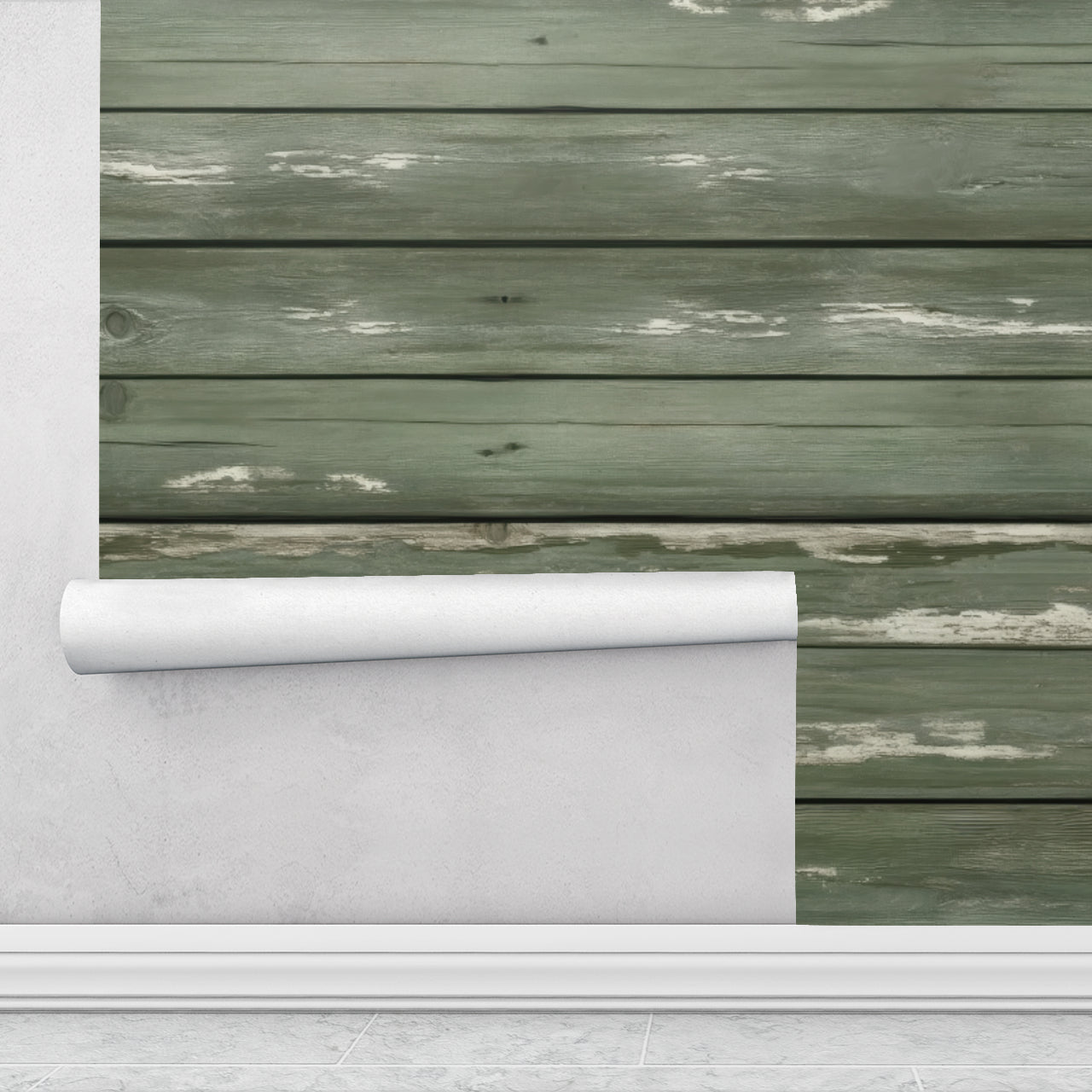 Weathered Sage Plank  —  Rustic Farmhouse Luxury Wallpaper Mural