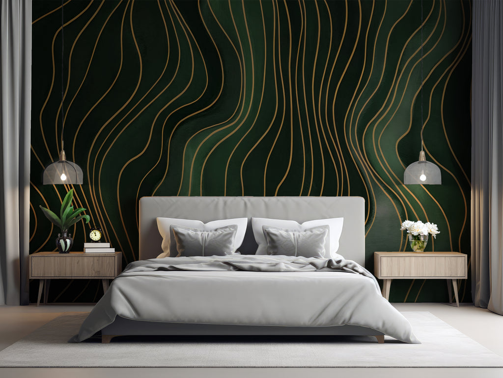 Forest Green Wavy Lines - Abstract Luxury Wallpaper Mural
