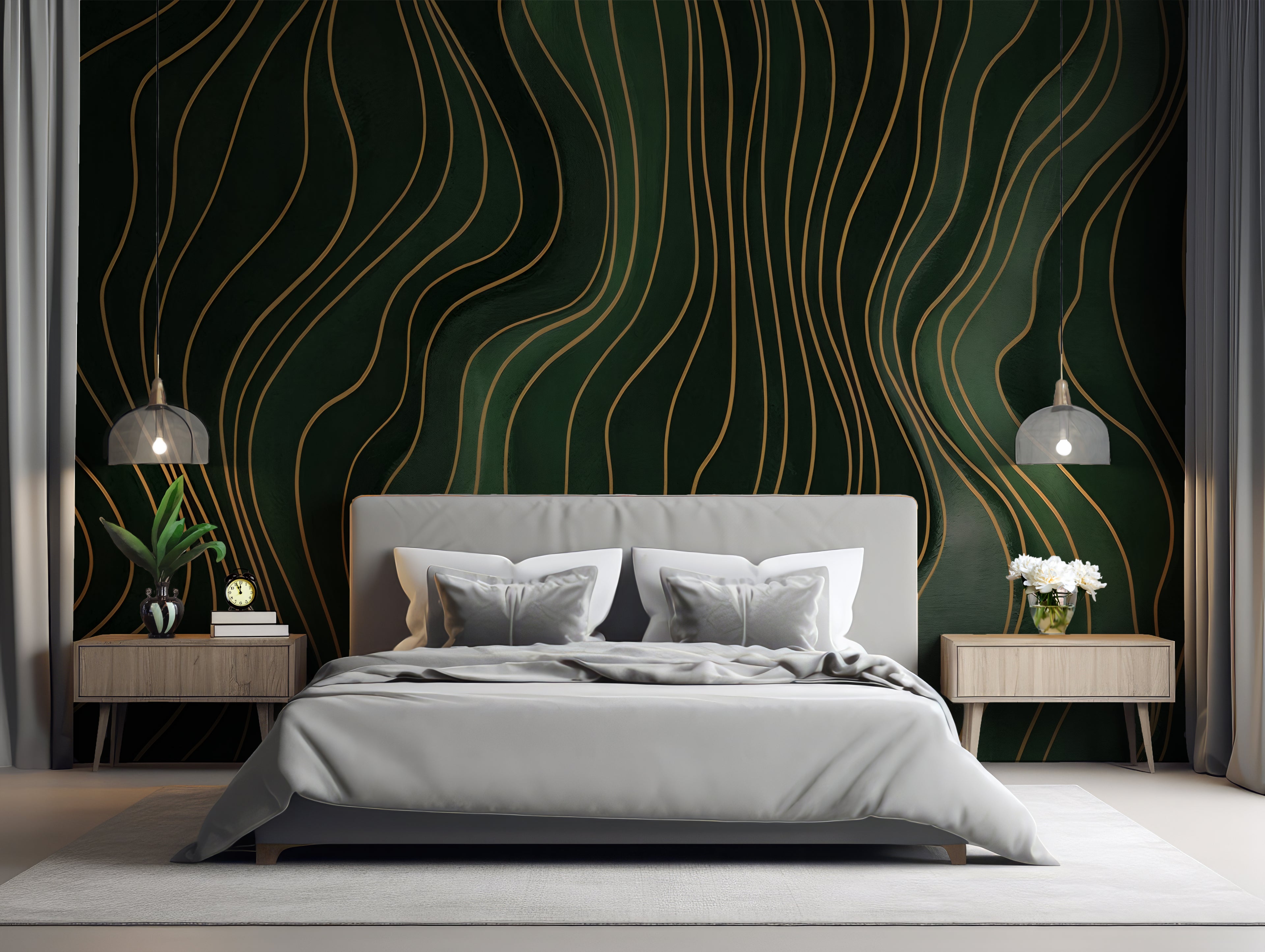 Forest Green Wavy Lines - Abstract Luxury Wallpaper Mural