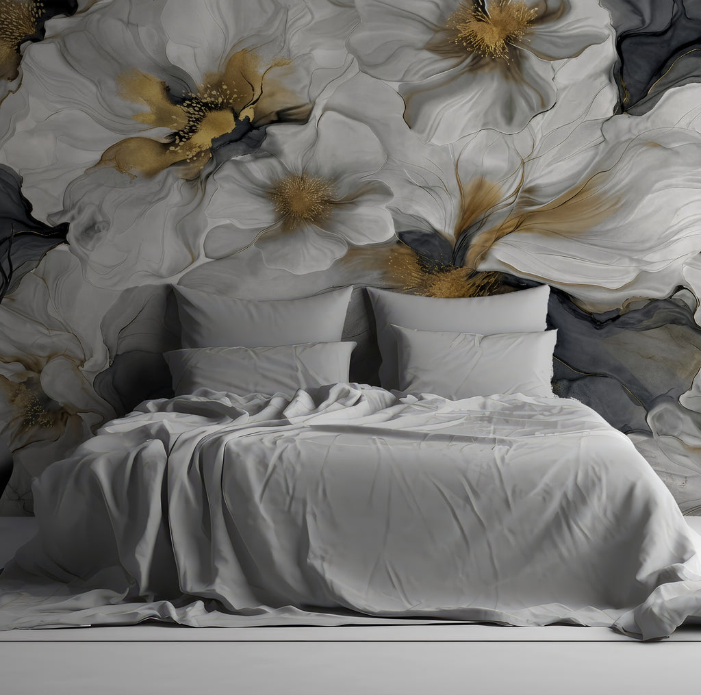 Gray and Gold Floral — Bold Floral Luxury Wallpaper Mural