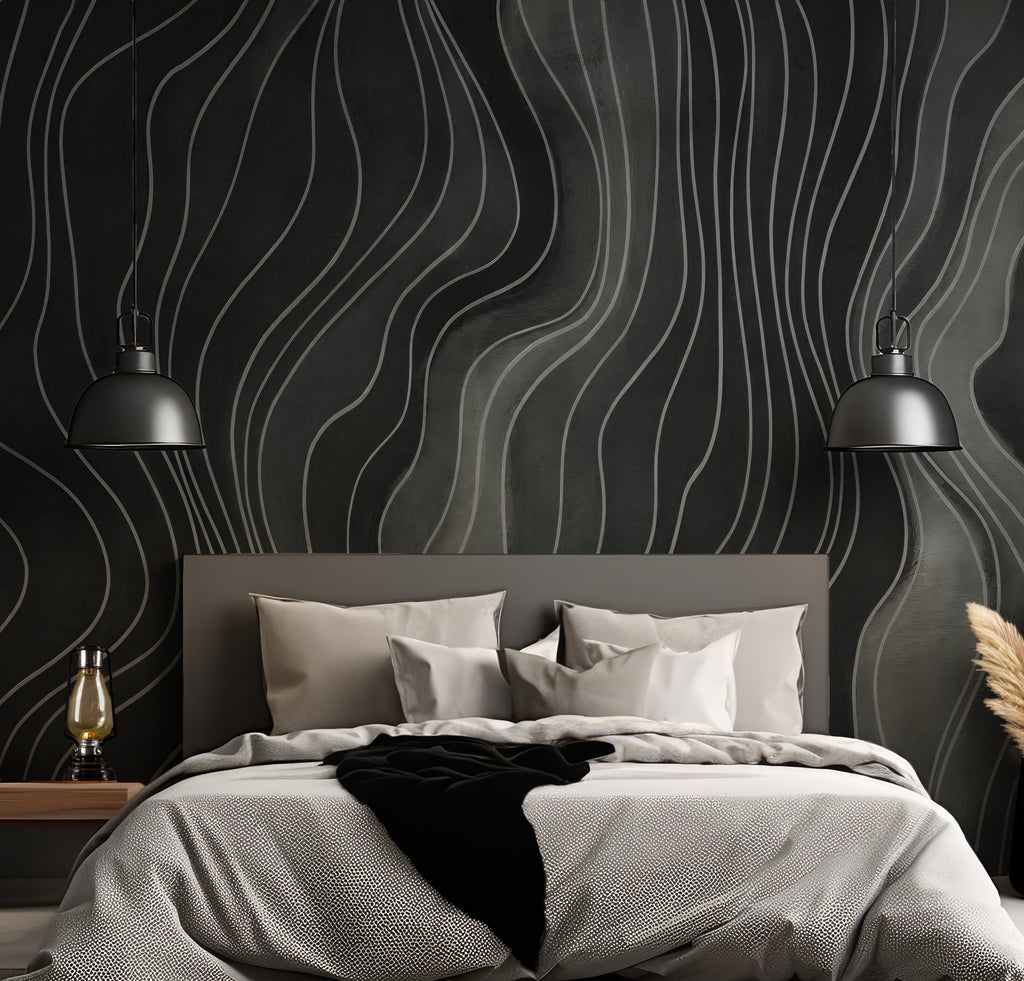 Charcoal Wavy Lines - Abstract Luxury Wallpaper Mural