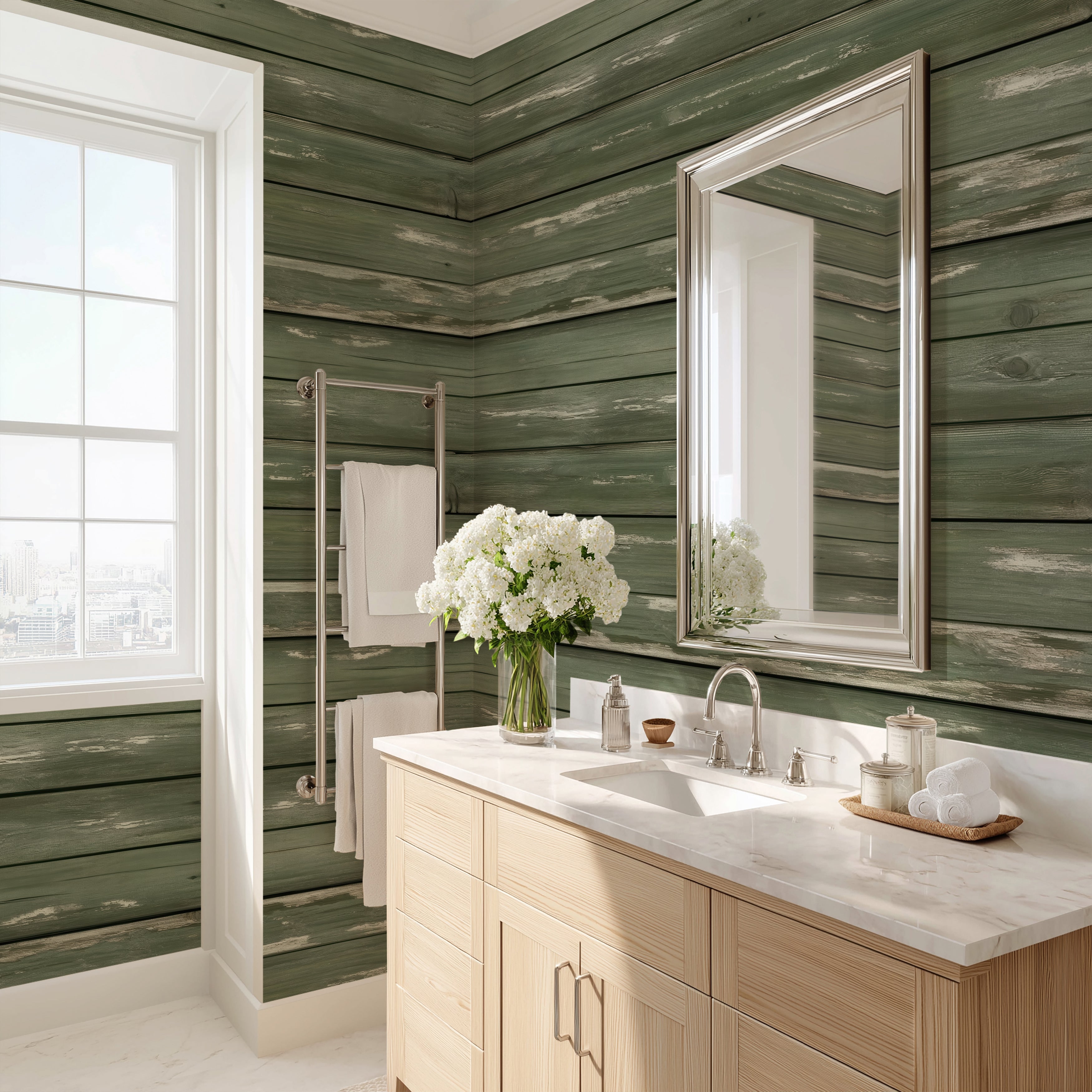 Weathered Sage Plank  —  Rustic Farmhouse Luxury Wallpaper Mural