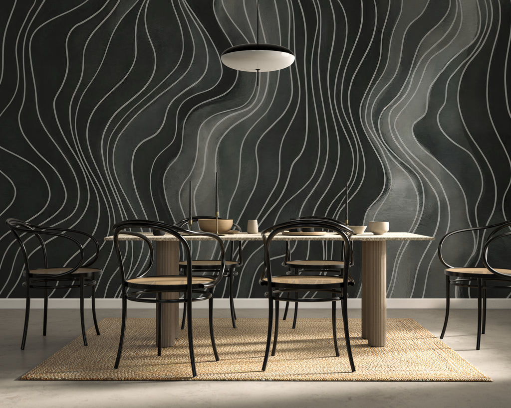 Charcoal Wavy Lines - Abstract Luxury Wallpaper Mural