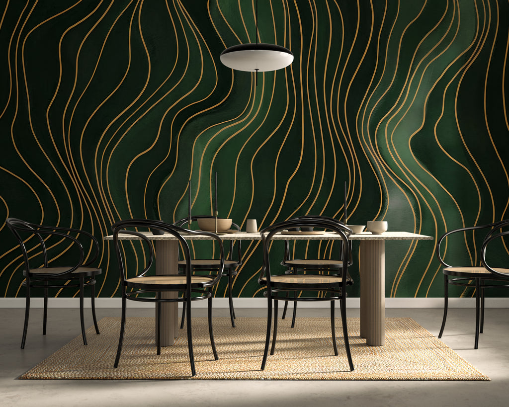 Forest Green Wavy Lines - Abstract Luxury Wallpaper Mural