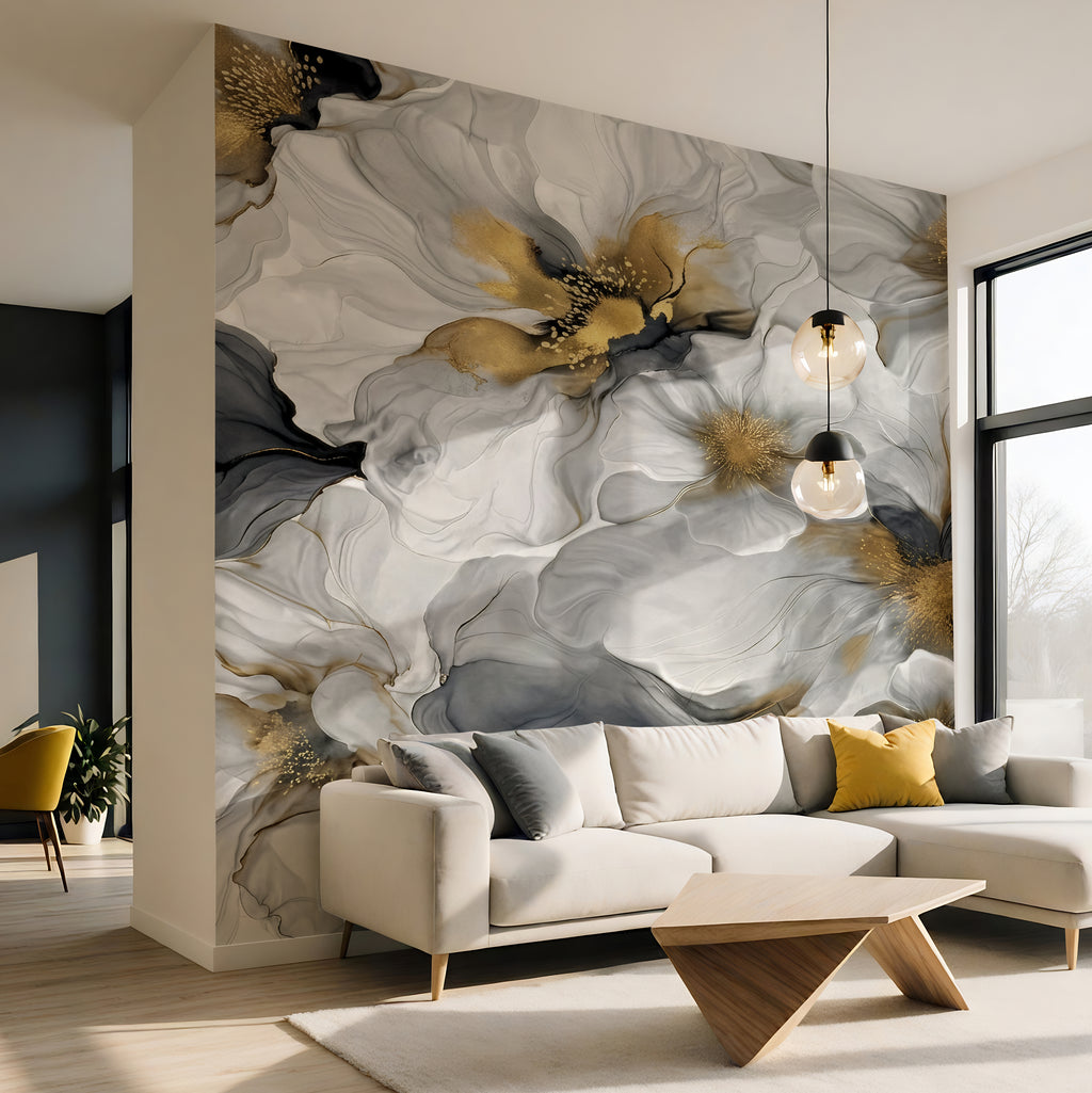 Gray and Gold Floral — Bold Floral Luxury Wallpaper Mural