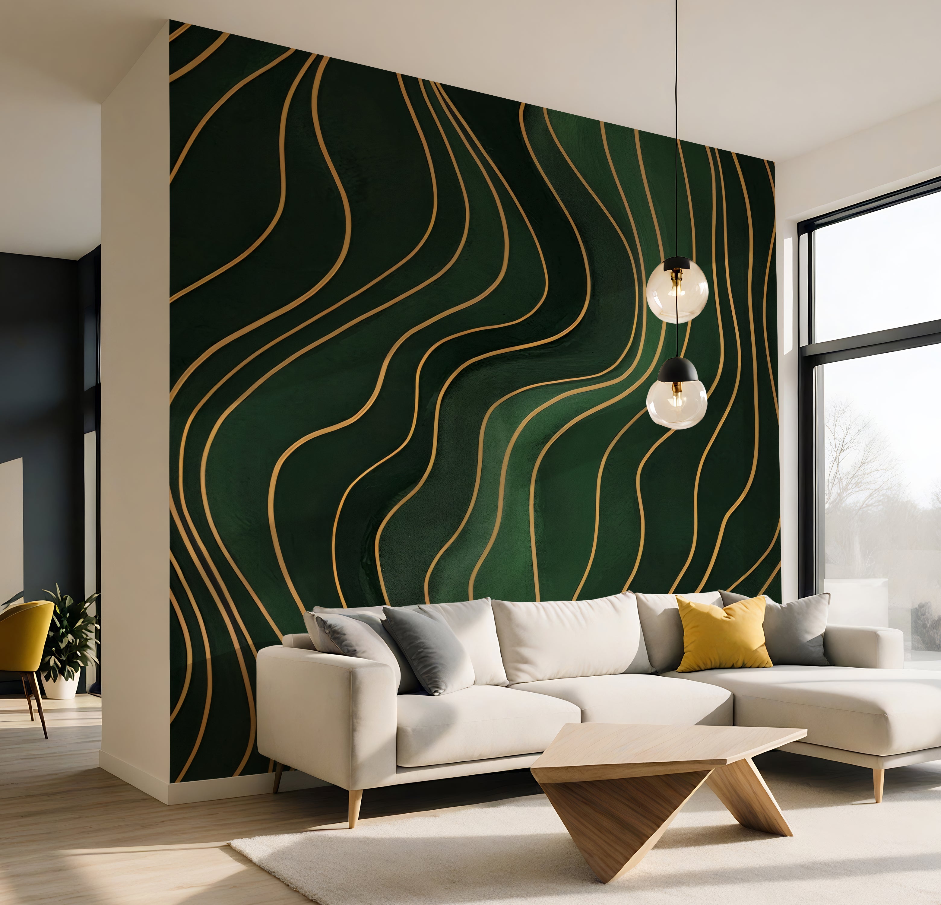 Forest Green Wavy Lines - Abstract Luxury Wallpaper Mural