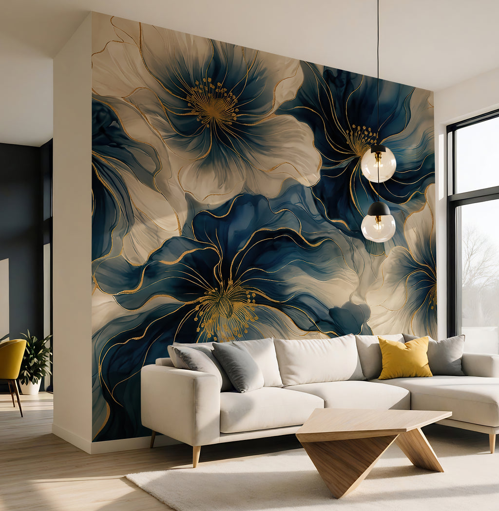 Linen and Blue Petals —  Bold Florals Luxury Wallpaper