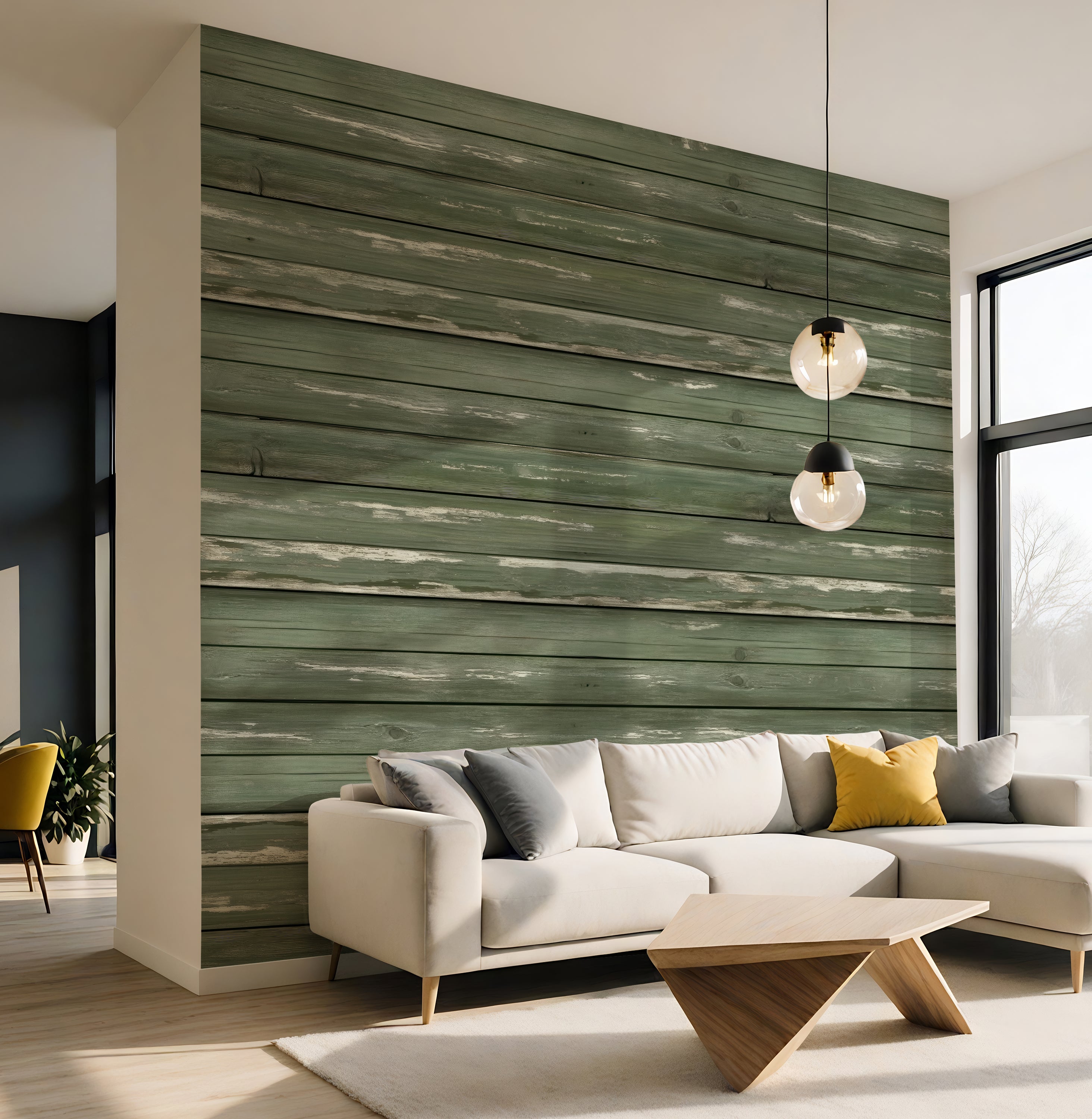Weathered Sage Plank  —  Rustic Farmhouse Luxury Wallpaper Mural
