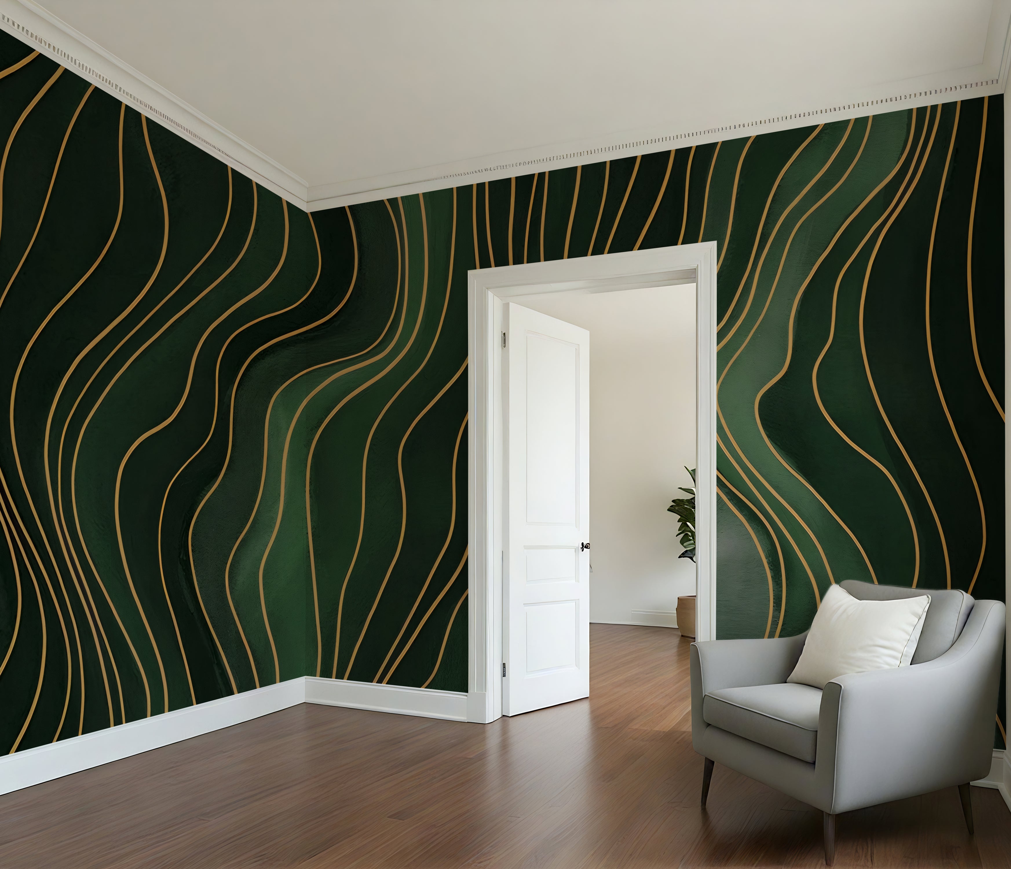 Forest Green Wavy Lines - Abstract Luxury Wallpaper Mural
