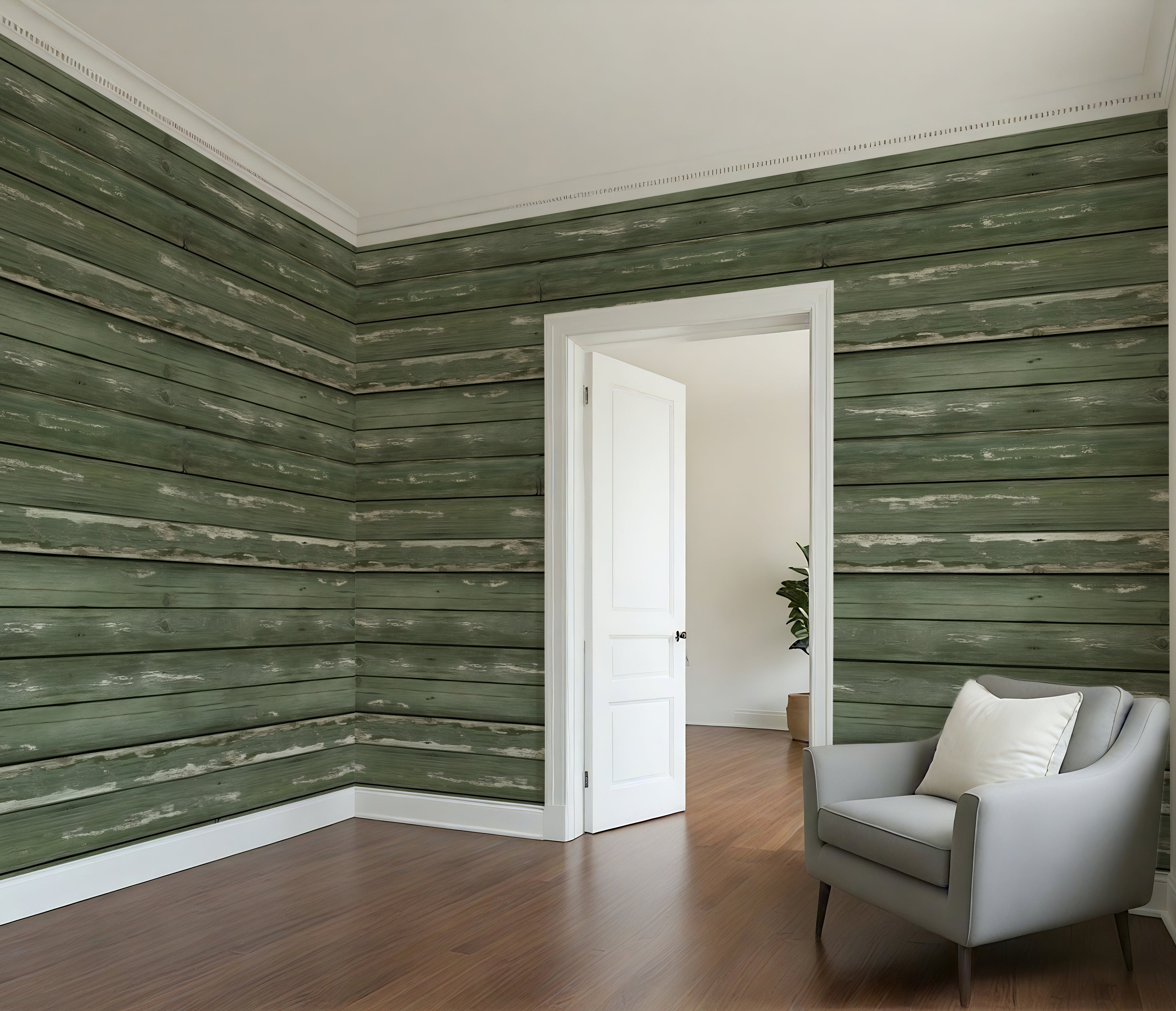 Weathered Sage Plank  —  Rustic Farmhouse Luxury Wallpaper Mural
