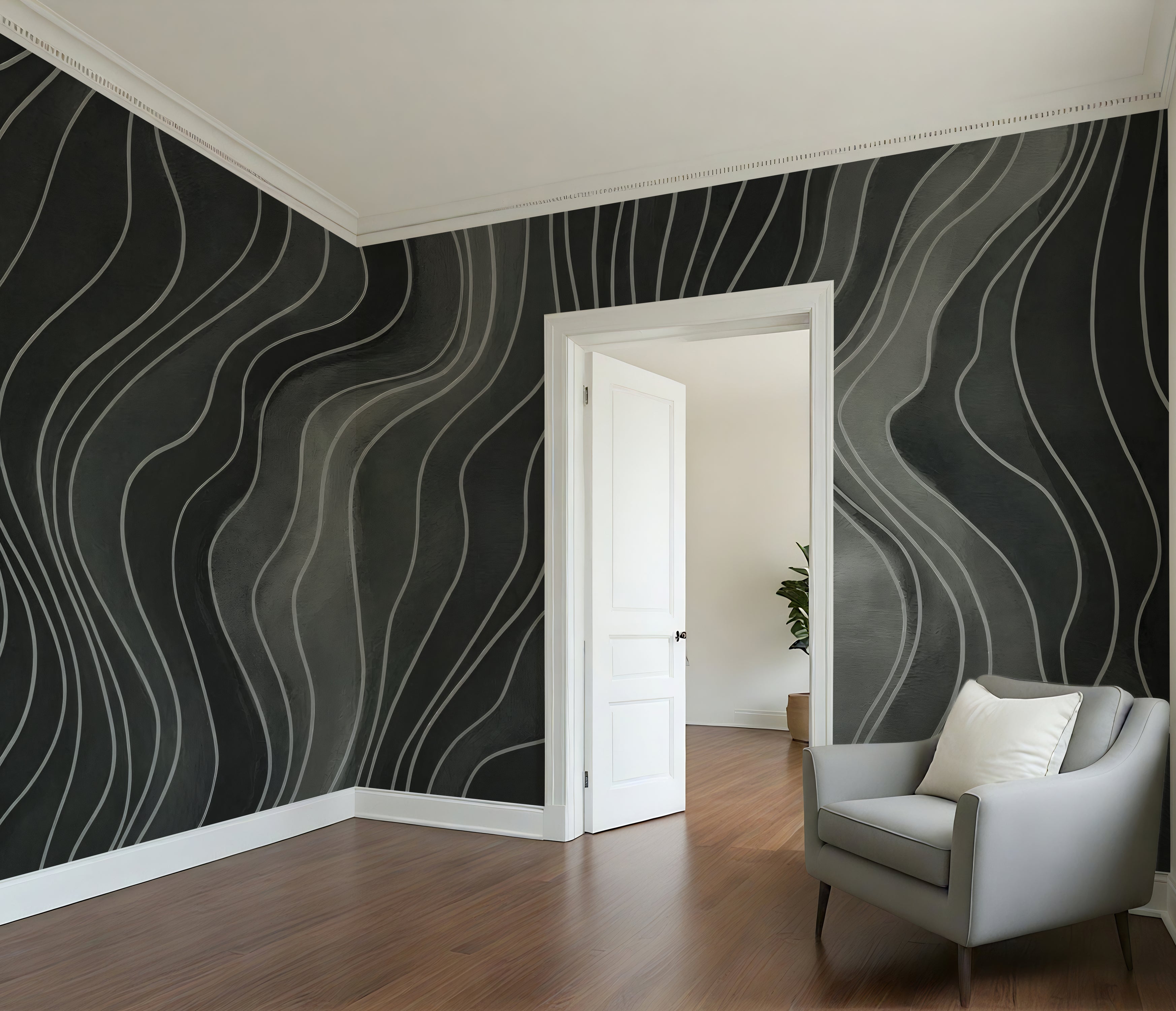 Charcoal Wavy Lines - Abstract Luxury Wallpaper Mural