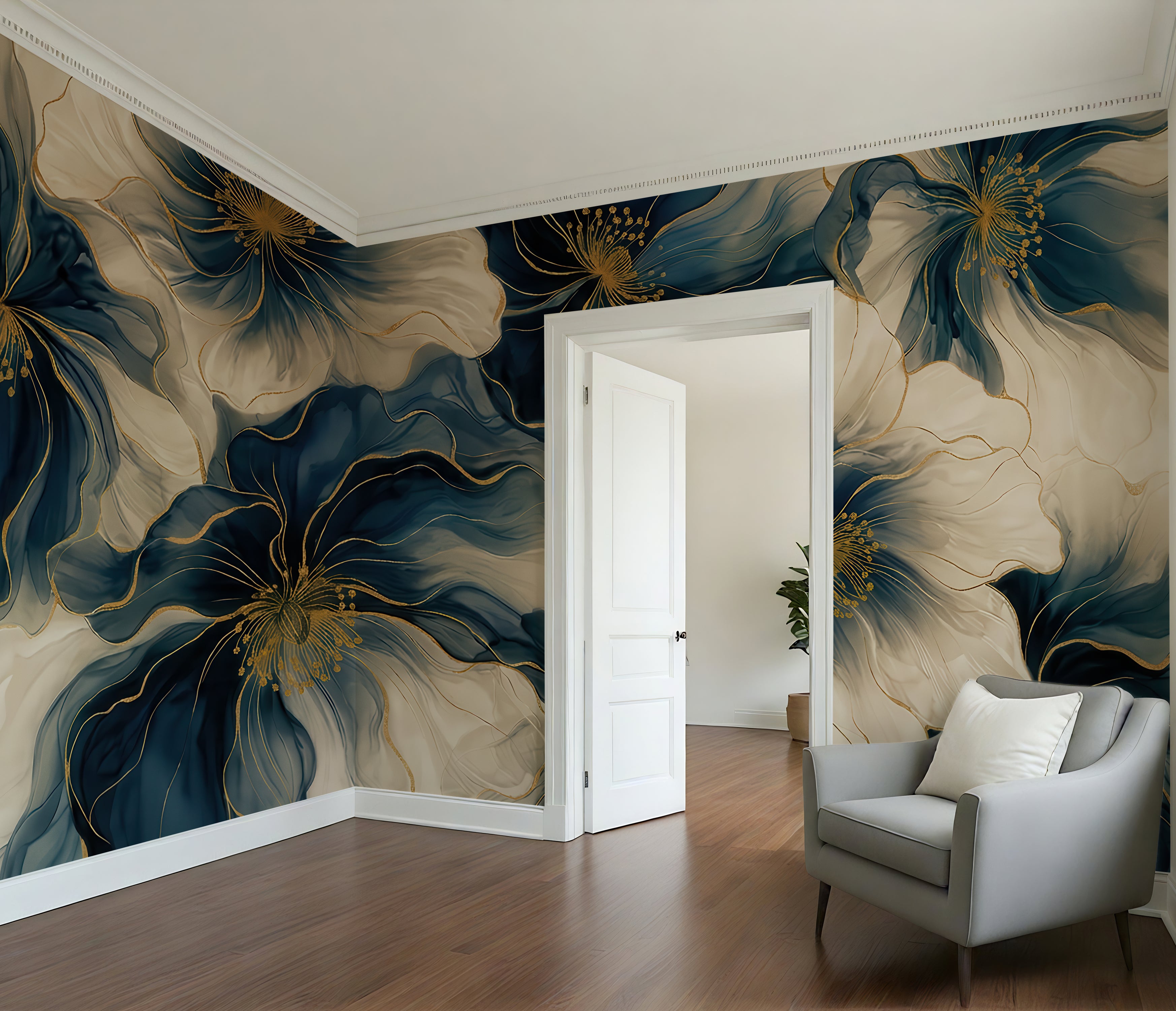 Linen and Blue Petals —  Bold Florals Luxury Wallpaper