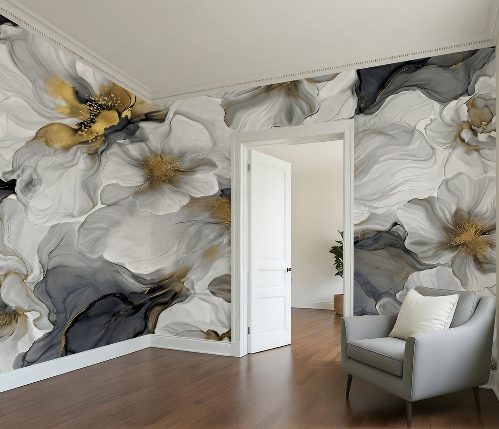 Gray and Gold Floral — Bold Floral Luxury Wallpaper Mural
