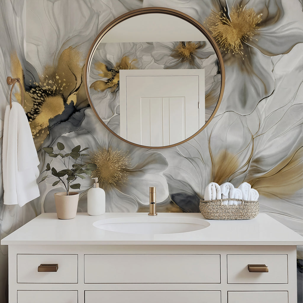 Gray and Gold Floral — Bold Floral Luxury Wallpaper Mural