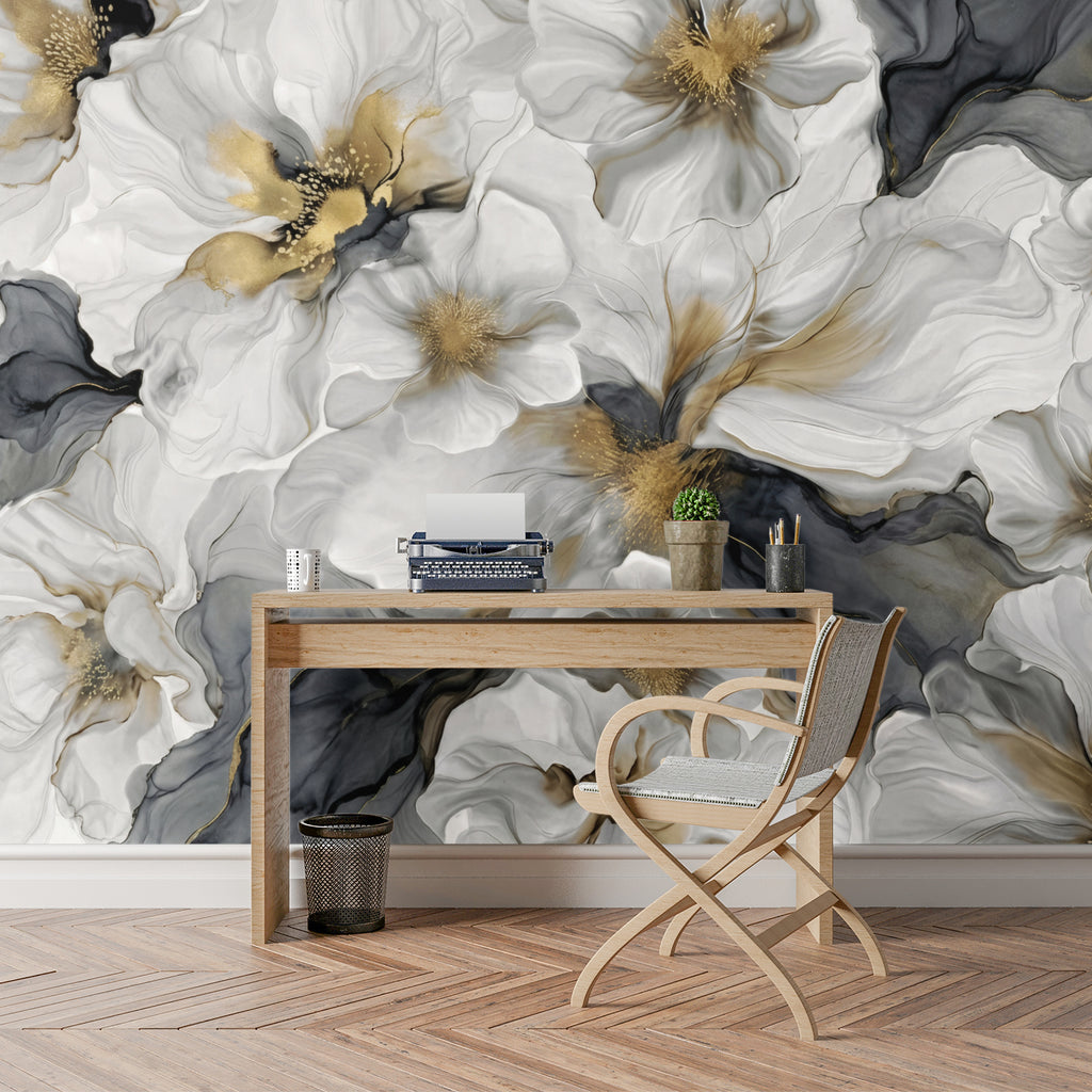 Gray and Gold Floral — Bold Floral Luxury Wallpaper Mural