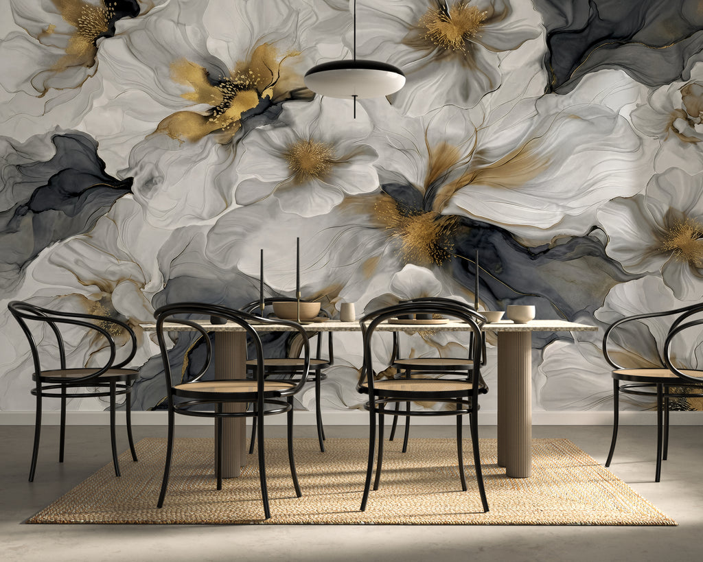 Gray and Gold Floral — Bold Floral Luxury Wallpaper Mural