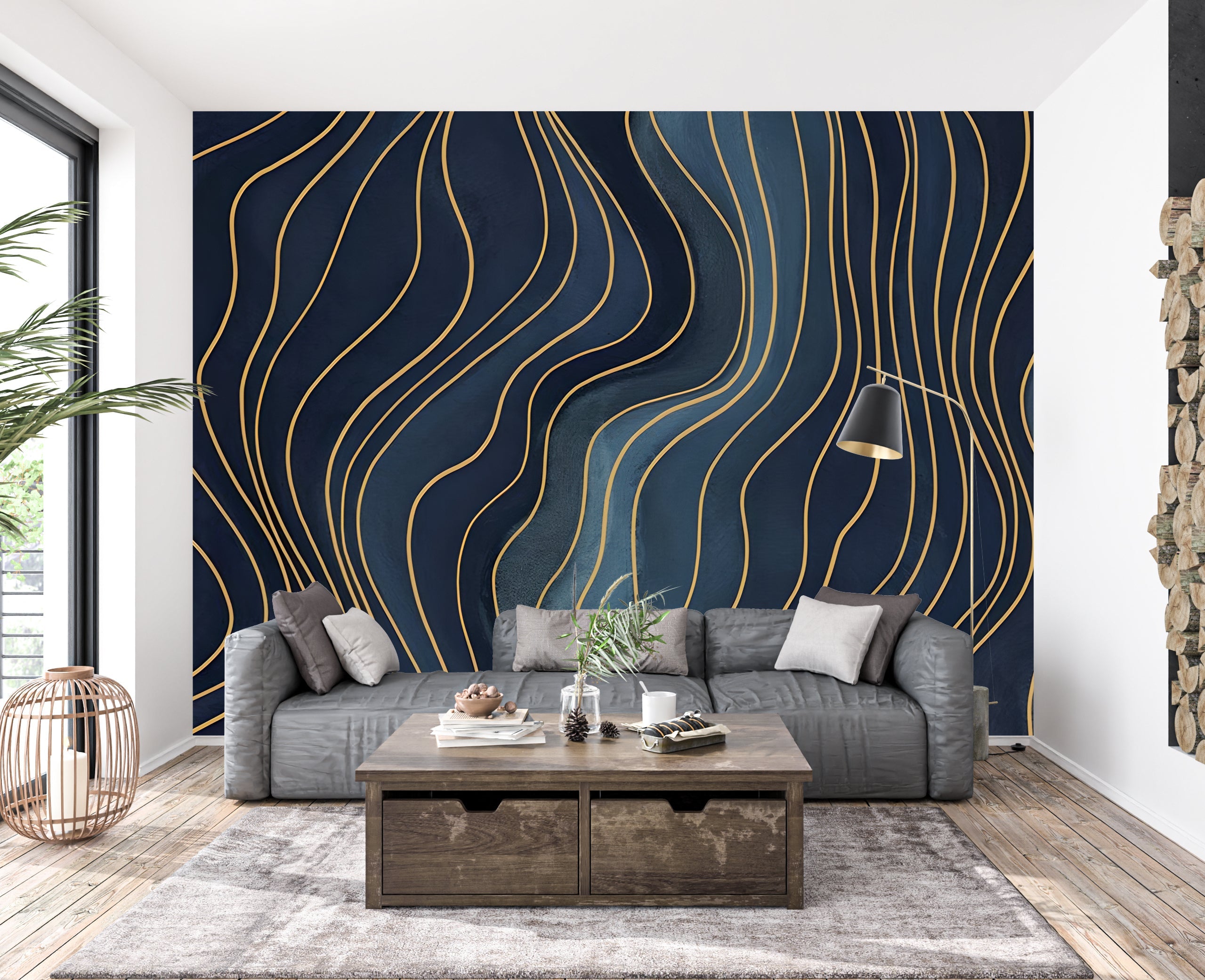Blue Wavy Lines — Abstract Luxury Wallpaper Mural