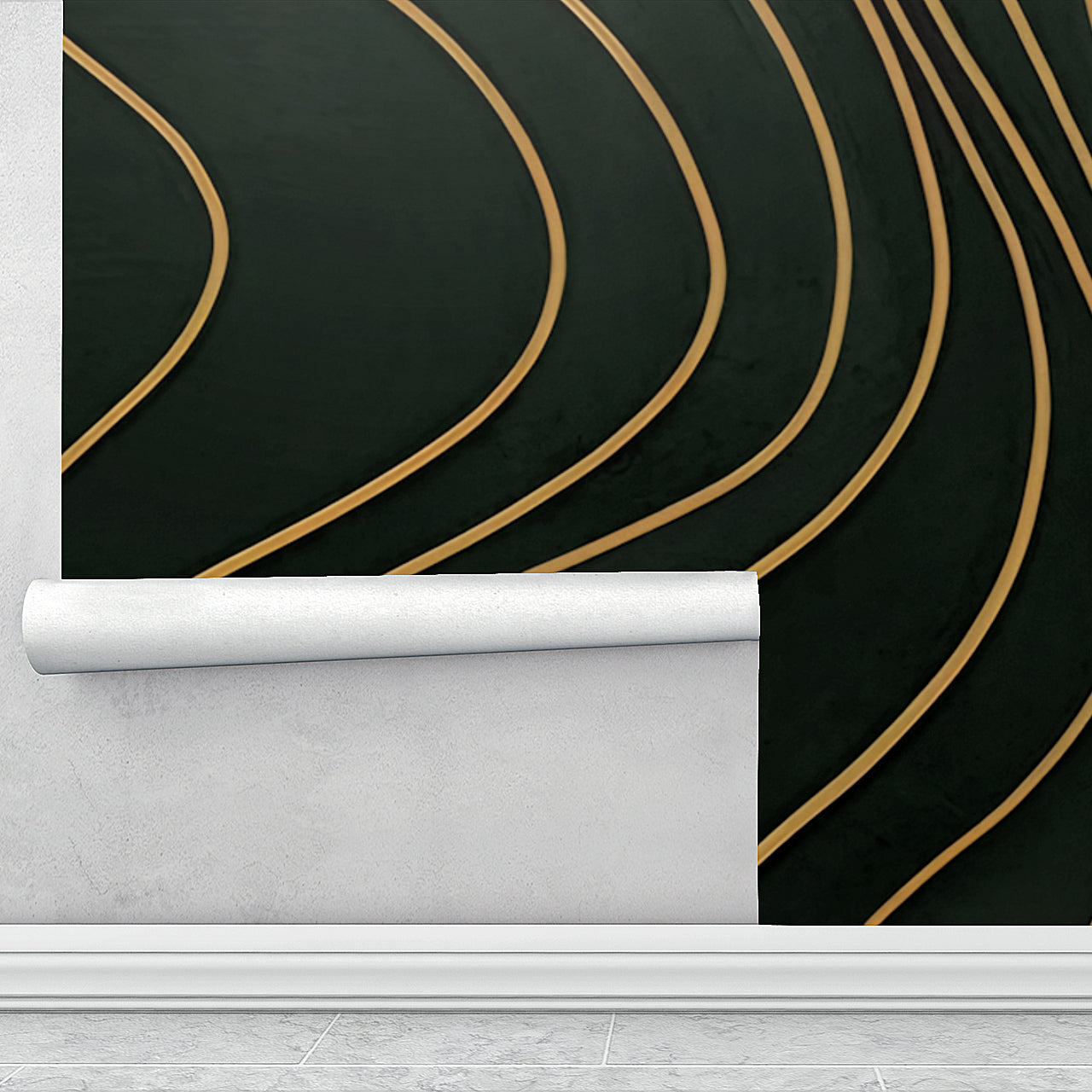 Forest Green Wavy Lines - Abstract Luxury Wallpaper Mural