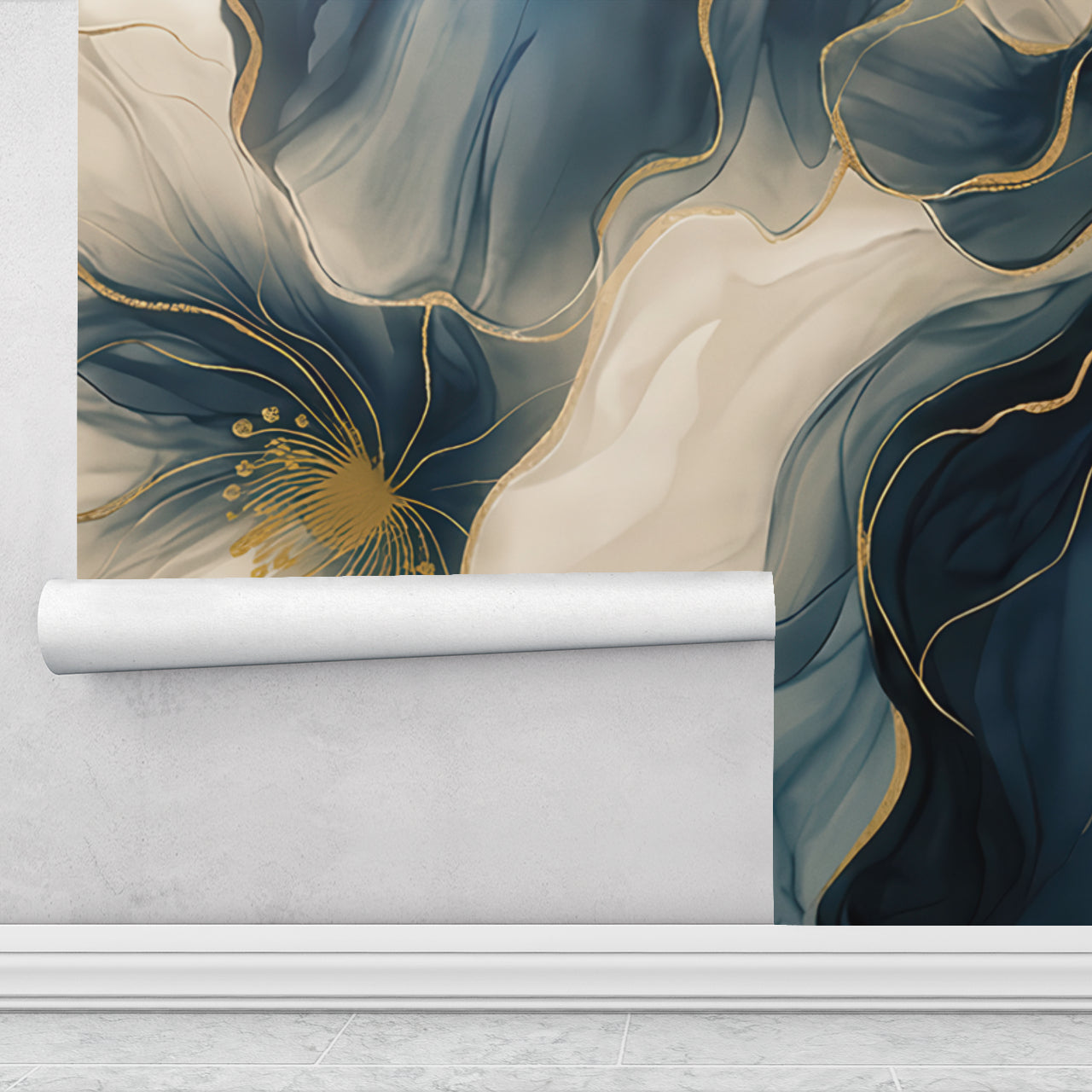 Linen and Blue Petals —  Bold Florals Luxury Wallpaper