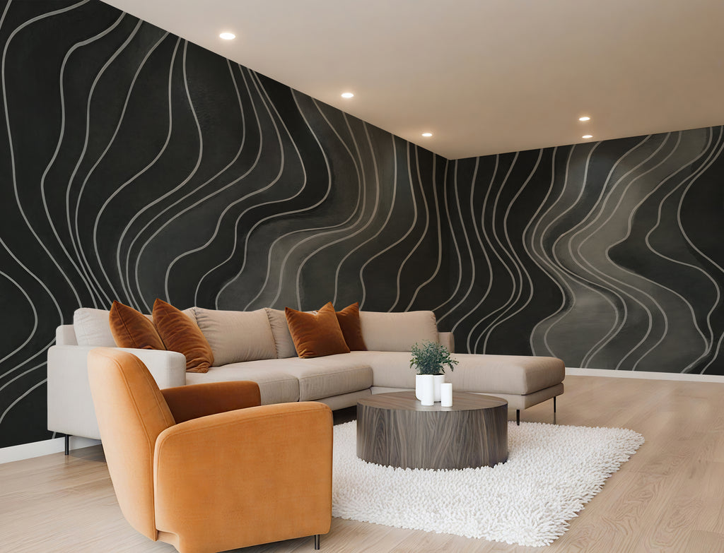 Charcoal Wavy Lines - Abstract Luxury Wallpaper Mural