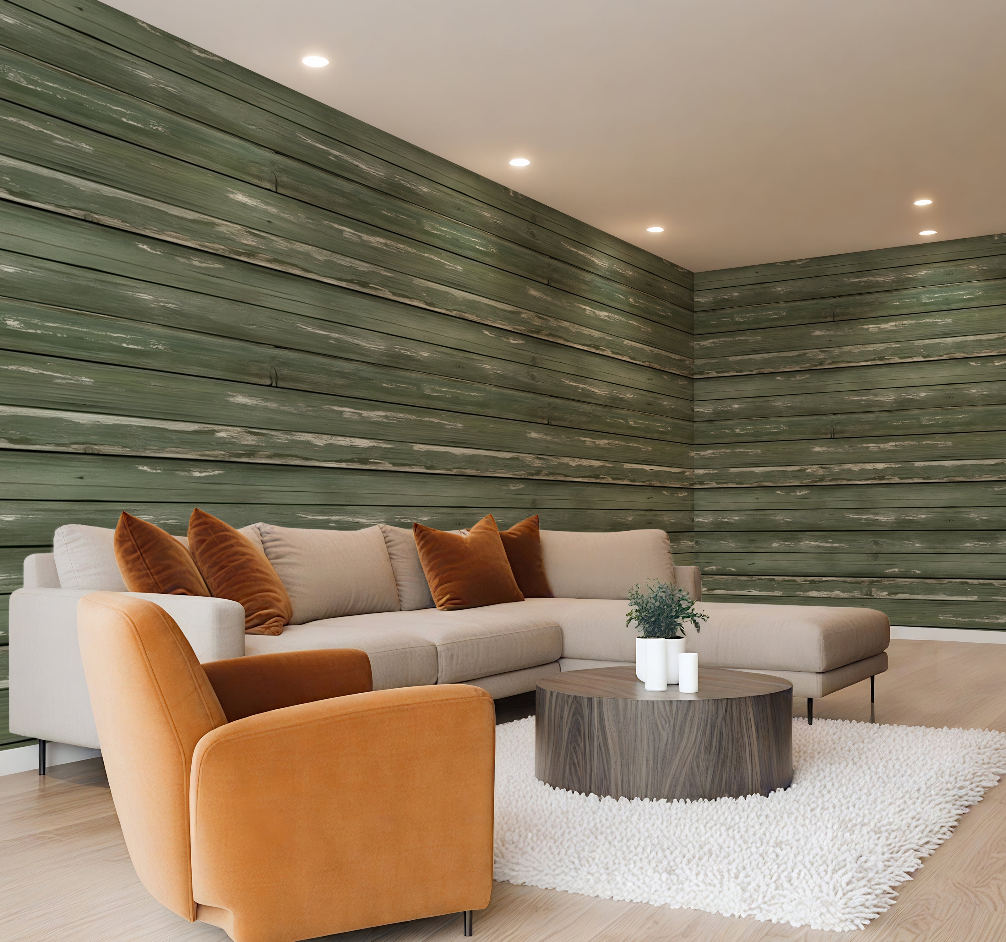 Weathered Sage Plank  —  Rustic Farmhouse Luxury Wallpaper Mural