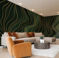 Forest Green Wavy Lines - Abstract Luxury Wallpaper Mural