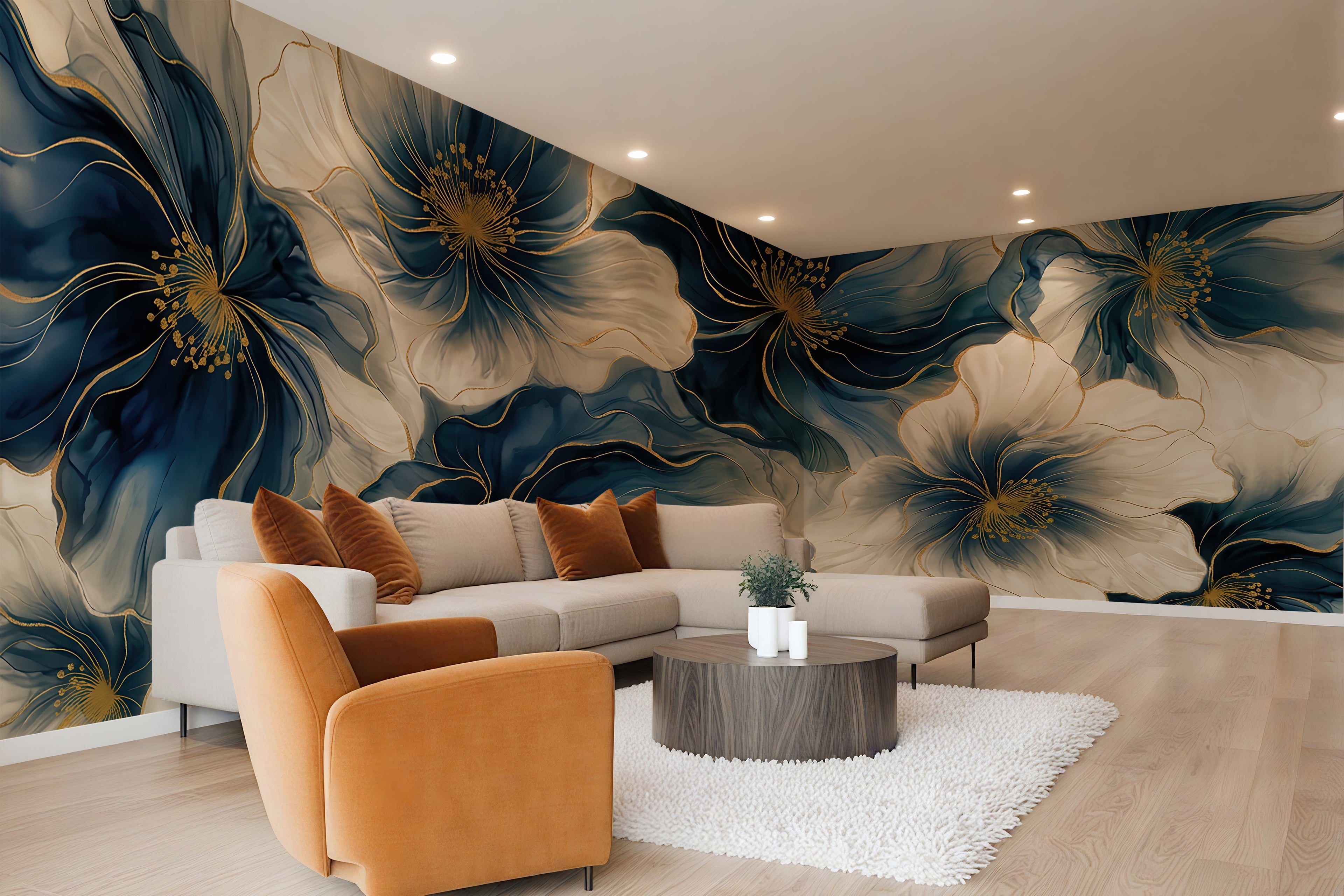 Linen and Blue Petals —  Bold Florals Luxury Wallpaper