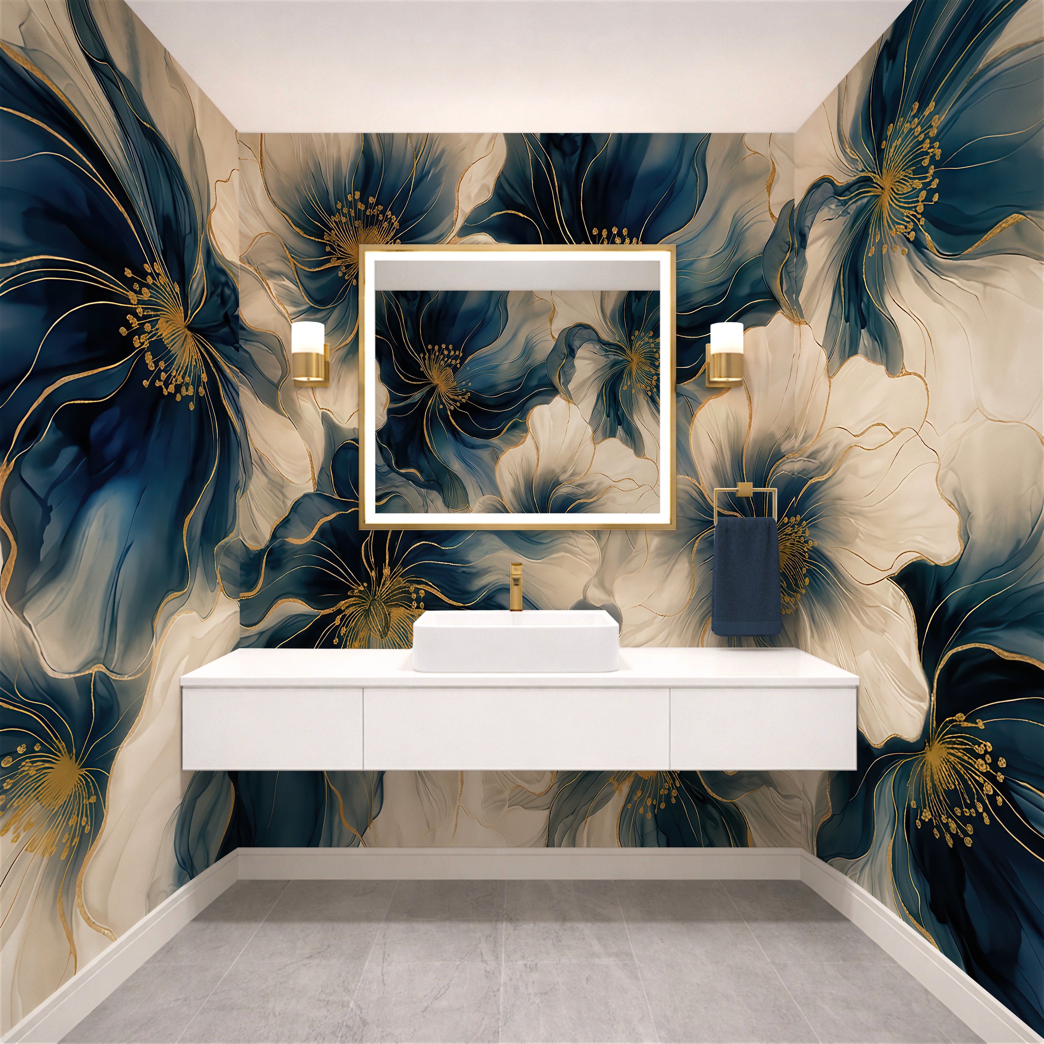 Linen and Blue Petals —  Bold Florals Luxury Wallpaper