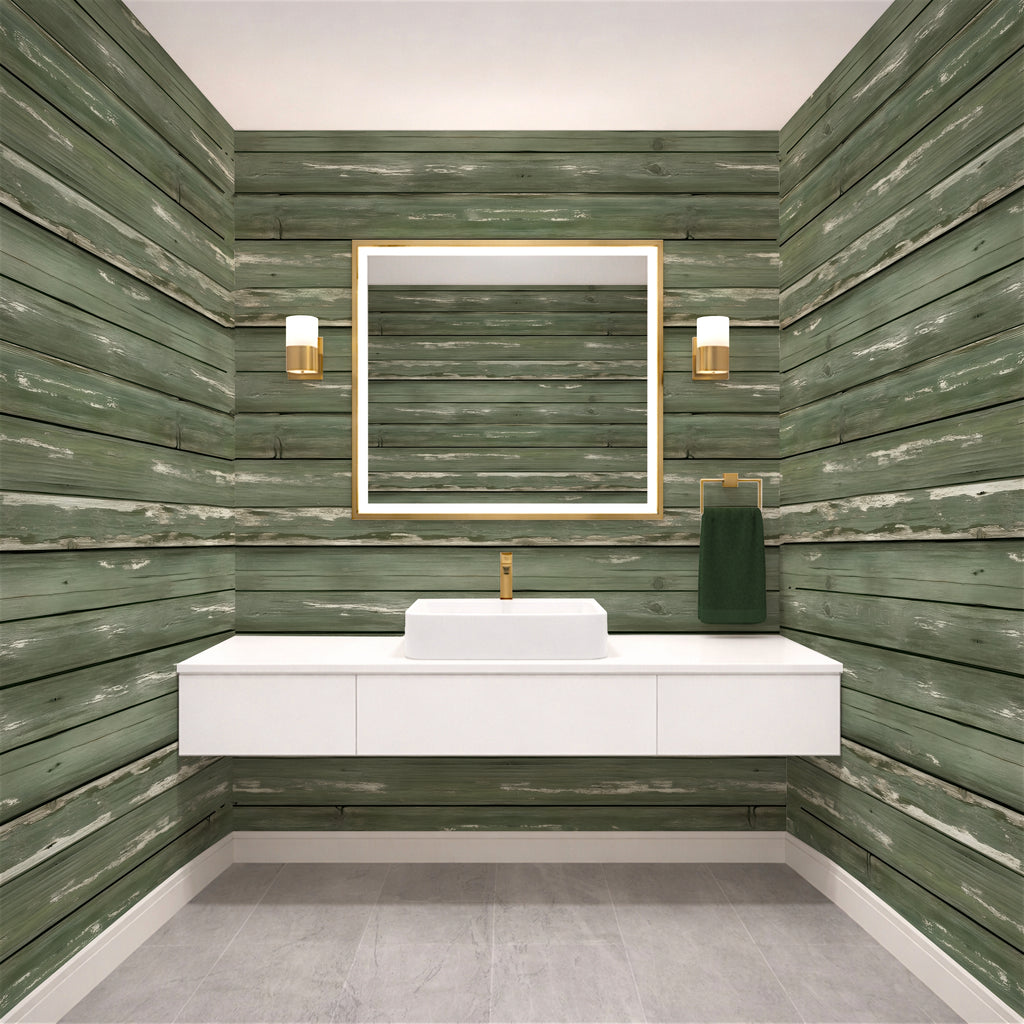 Weathered Sage Plank  —  Rustic Farmhouse Luxury Wallpaper Mural