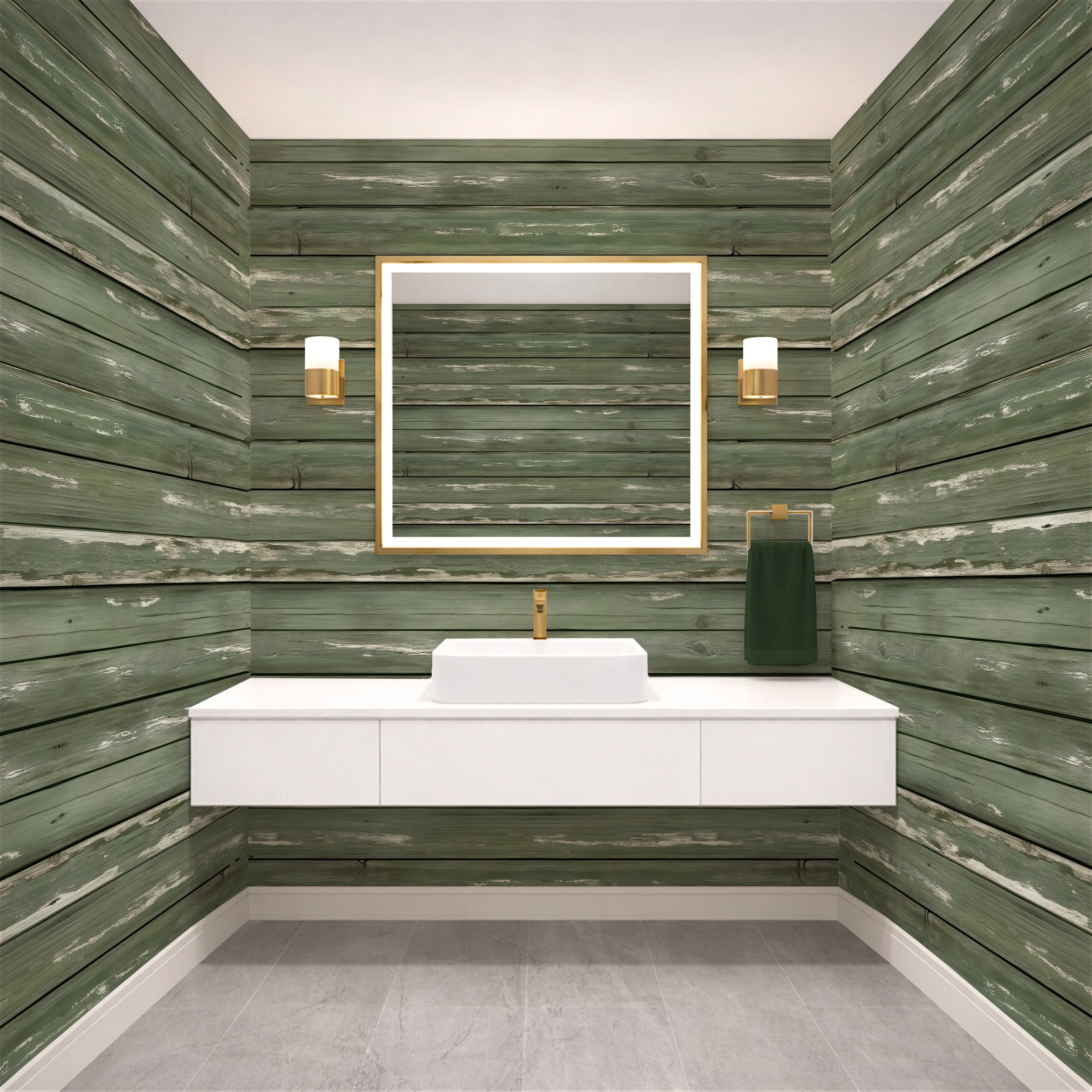 Weathered Sage Plank  —  Rustic Farmhouse Luxury Wallpaper Mural