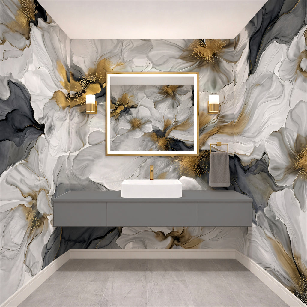 Gray and Gold Floral — Bold Floral Luxury Wallpaper Mural
