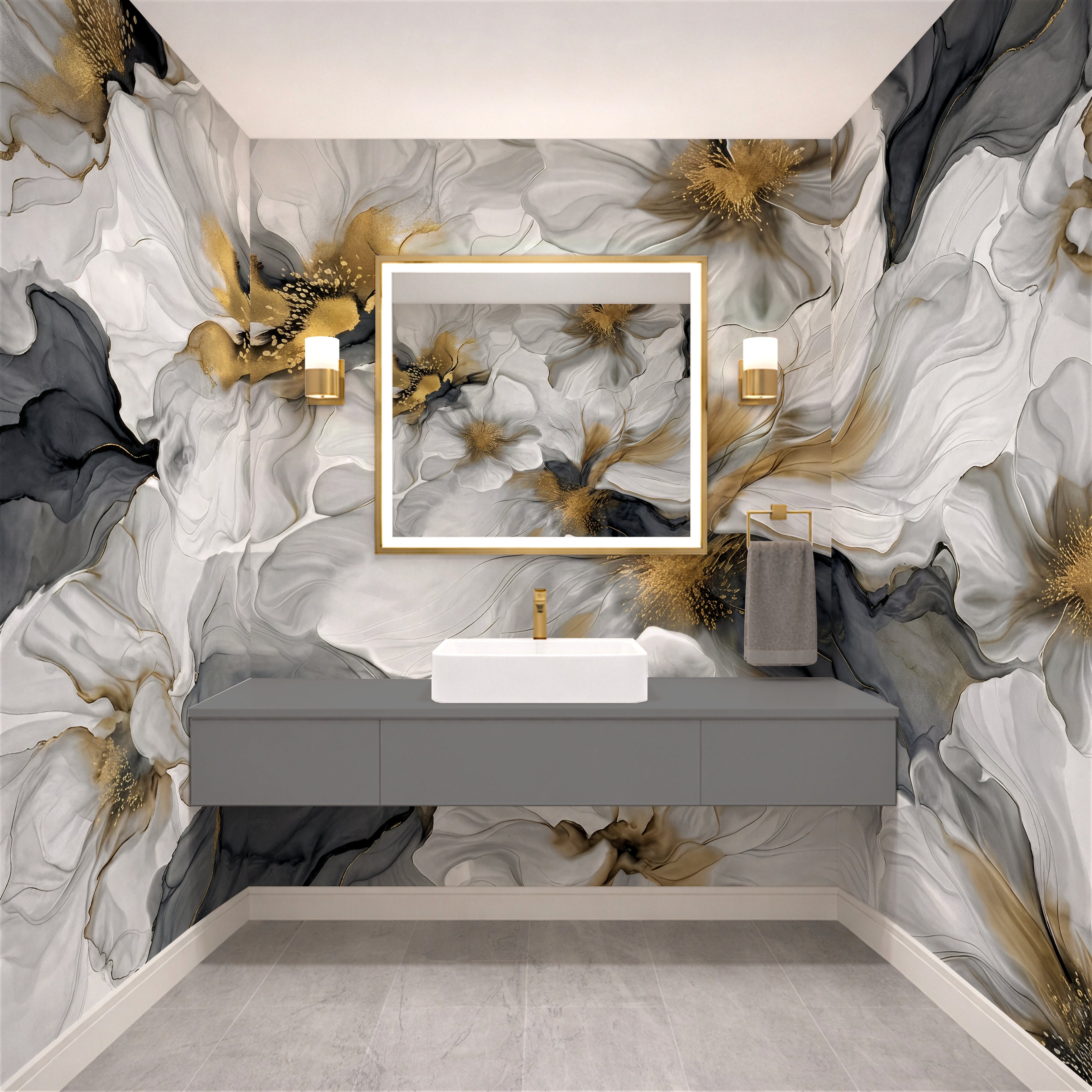 Gray and Gold Floral — Bold Floral Luxury Wallpaper Mural