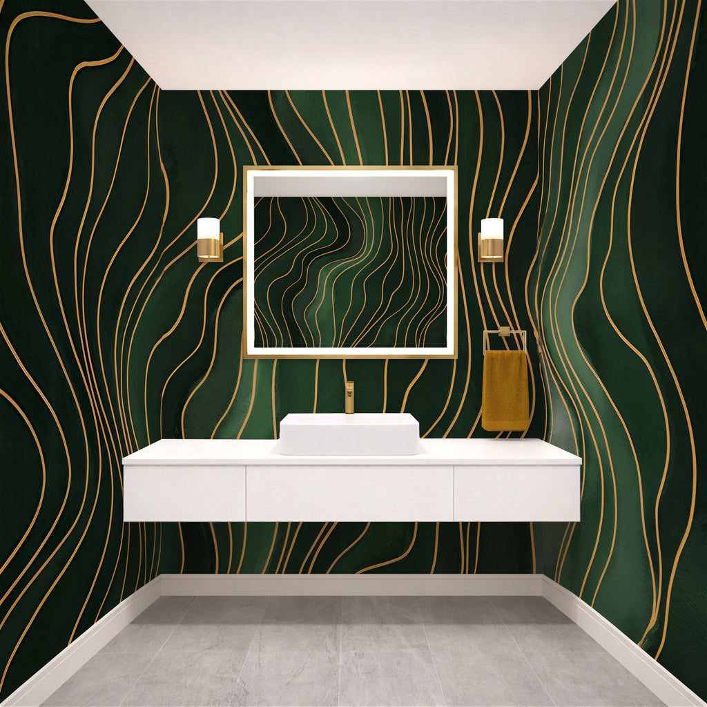 Forest Green Wavy Lines - Abstract Luxury Wallpaper Mural