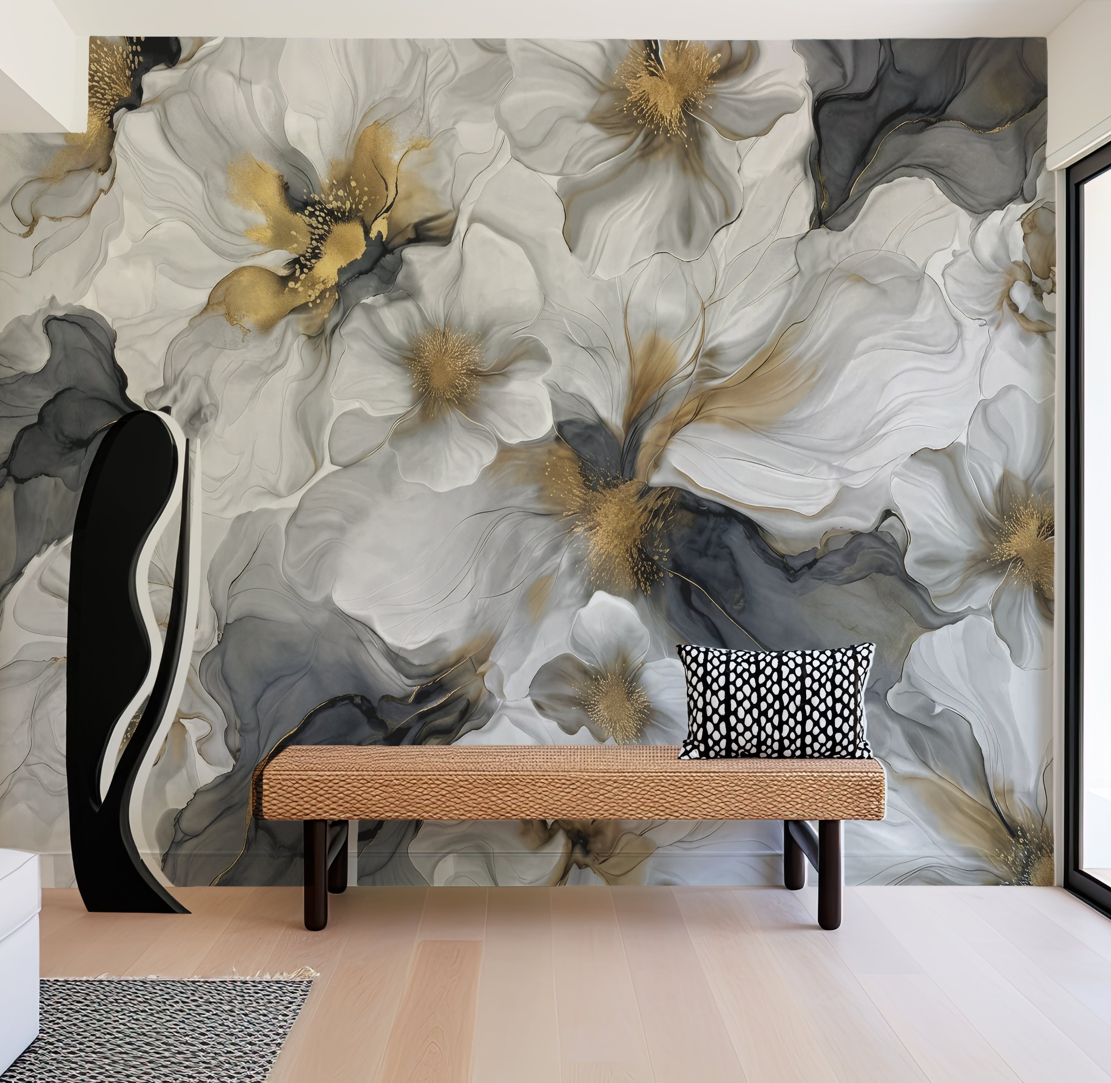 Gray and Gold Floral — Bold Floral Luxury Wallpaper Mural