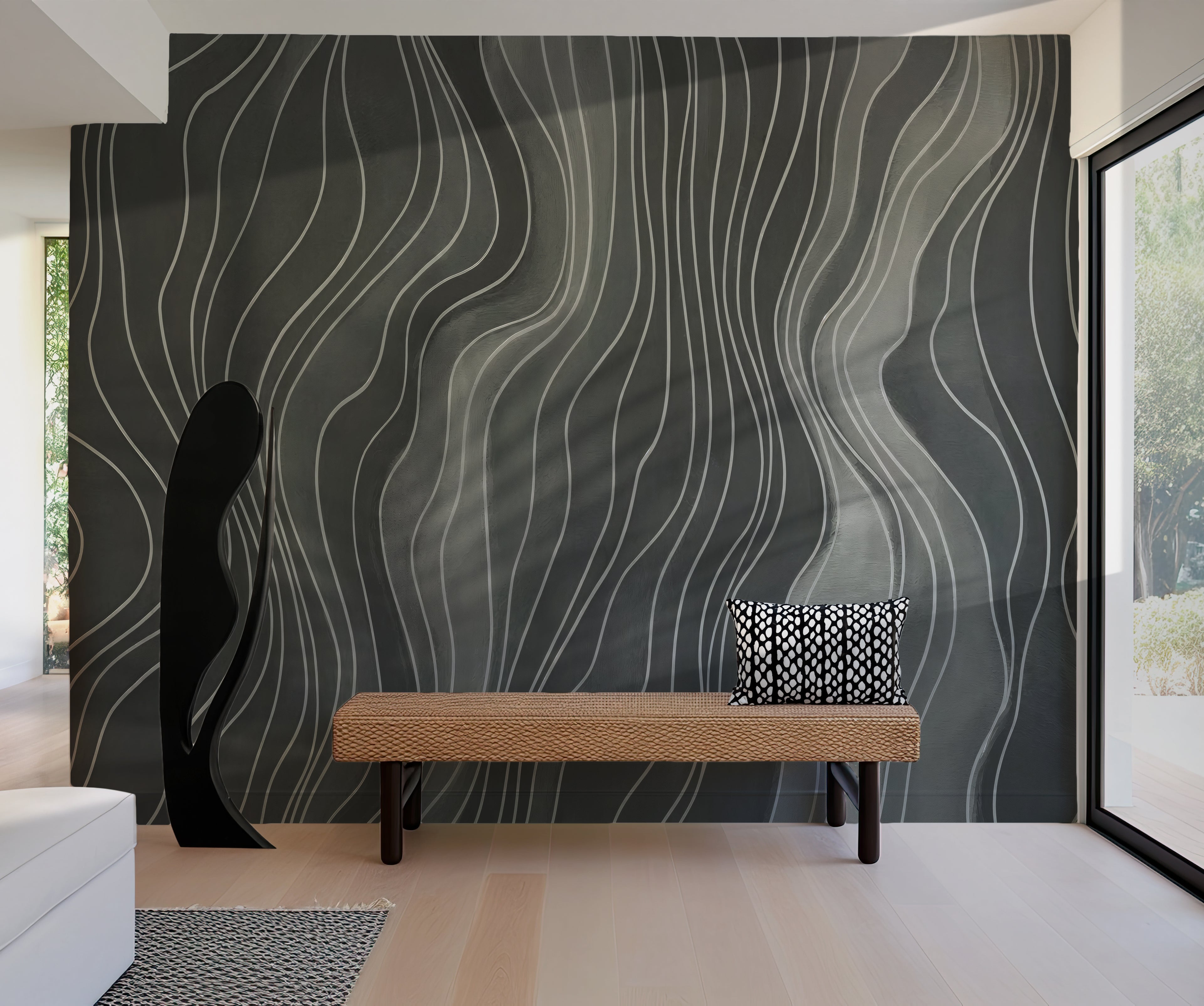 Charcoal Wavy Lines - Abstract Luxury Wallpaper Mural