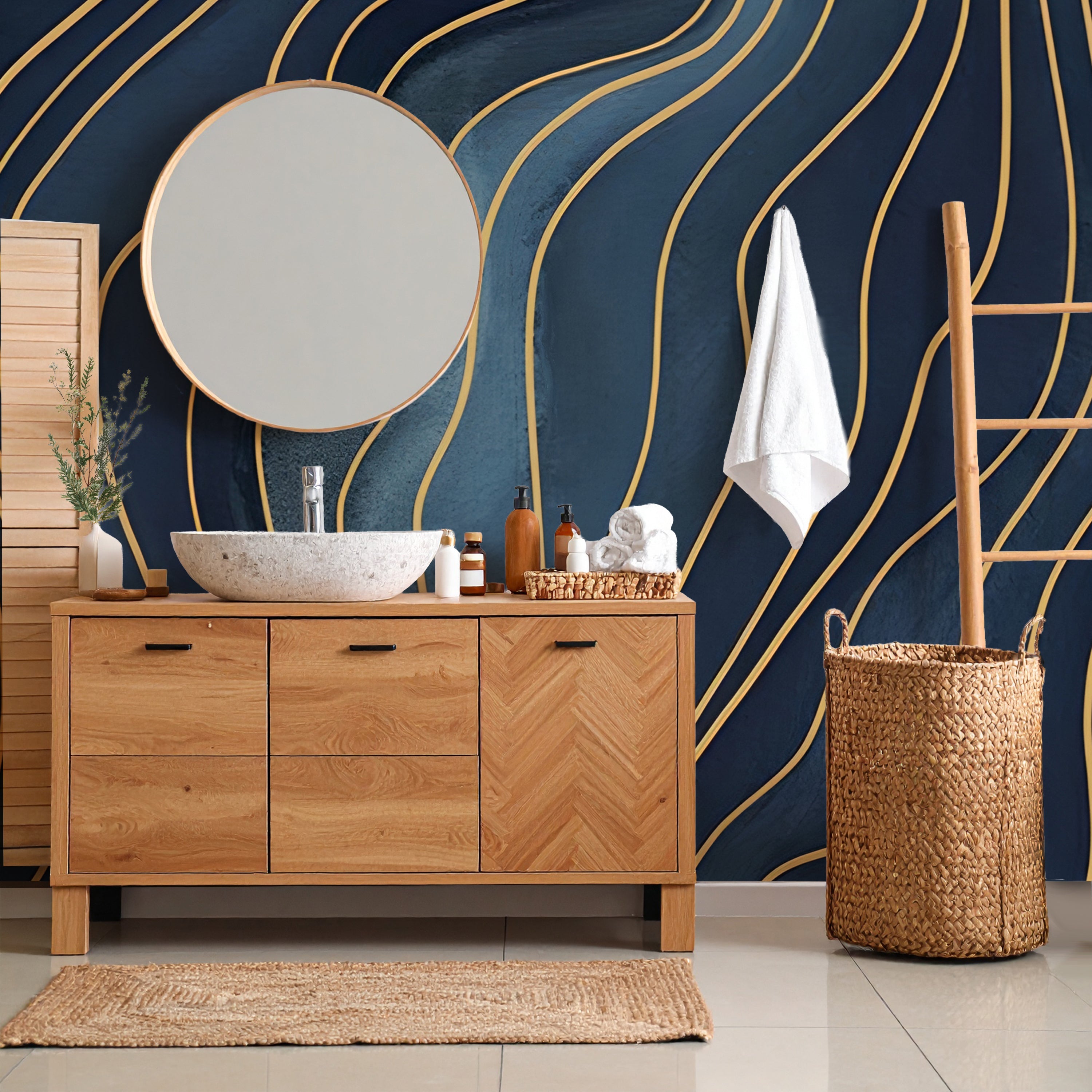 Blue Wavy Lines — Abstract Luxury Wallpaper Mural