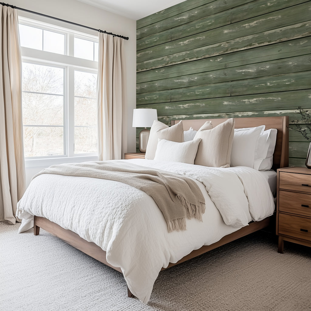 Weathered Sage Plank  —  Rustic Farmhouse Luxury Wallpaper Mural