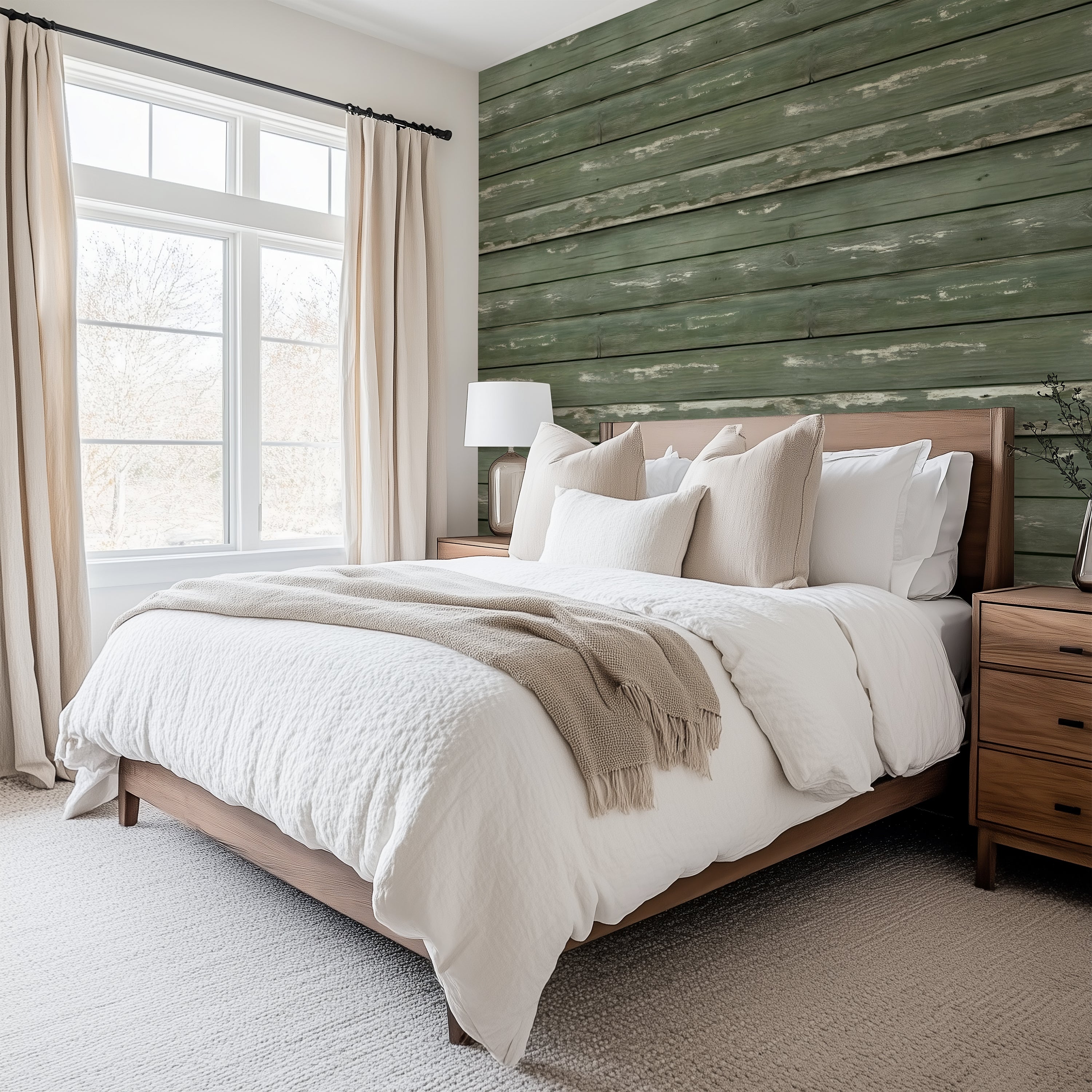 Weathered Sage Plank  —  Rustic Farmhouse Luxury Wallpaper Mural