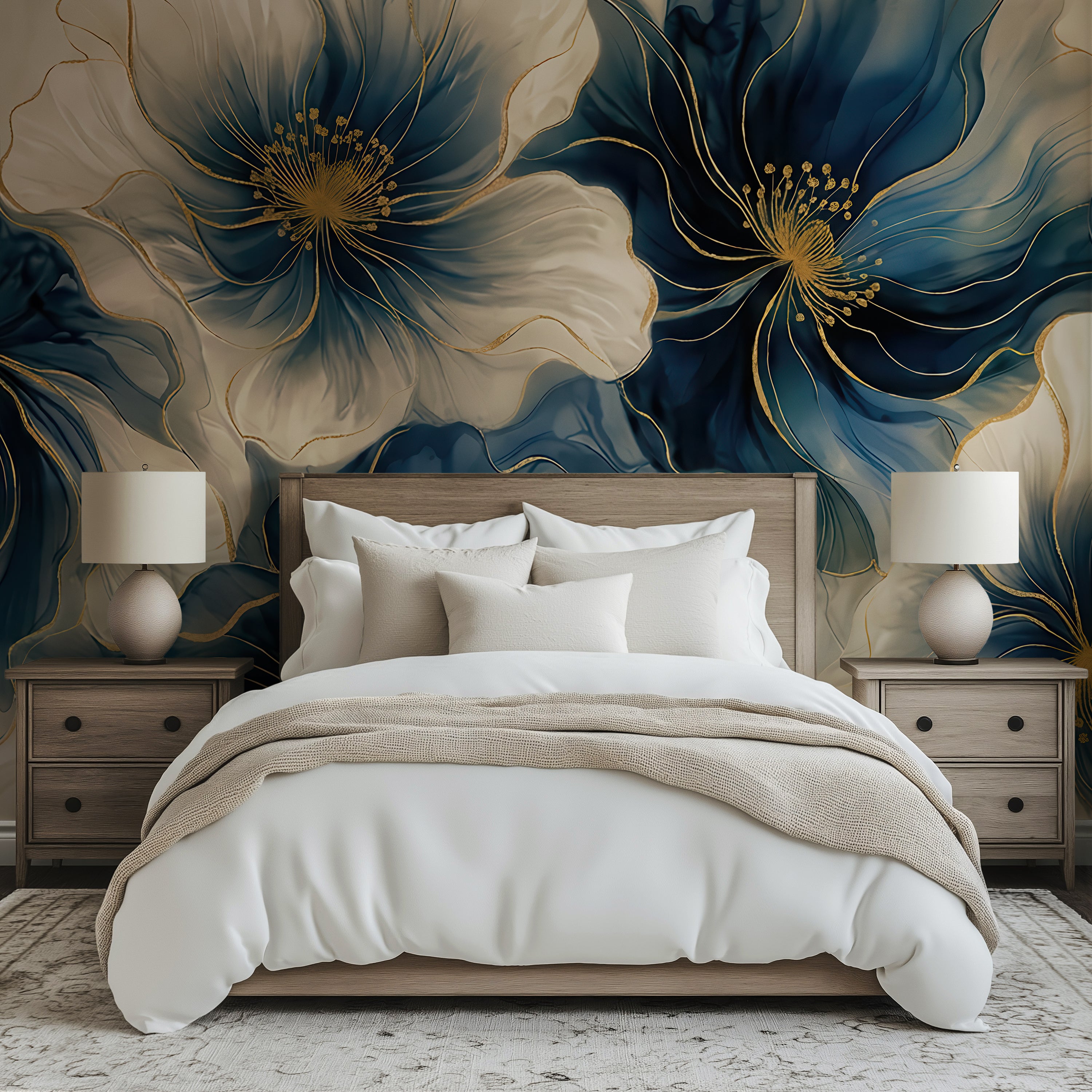 Linen and Blue Petals —  Bold Florals Luxury Wallpaper