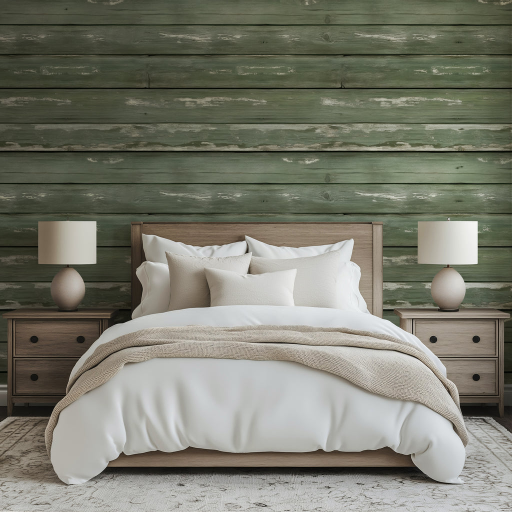 Weathered Sage Plank  —  Rustic Farmhouse Luxury Wallpaper Mural